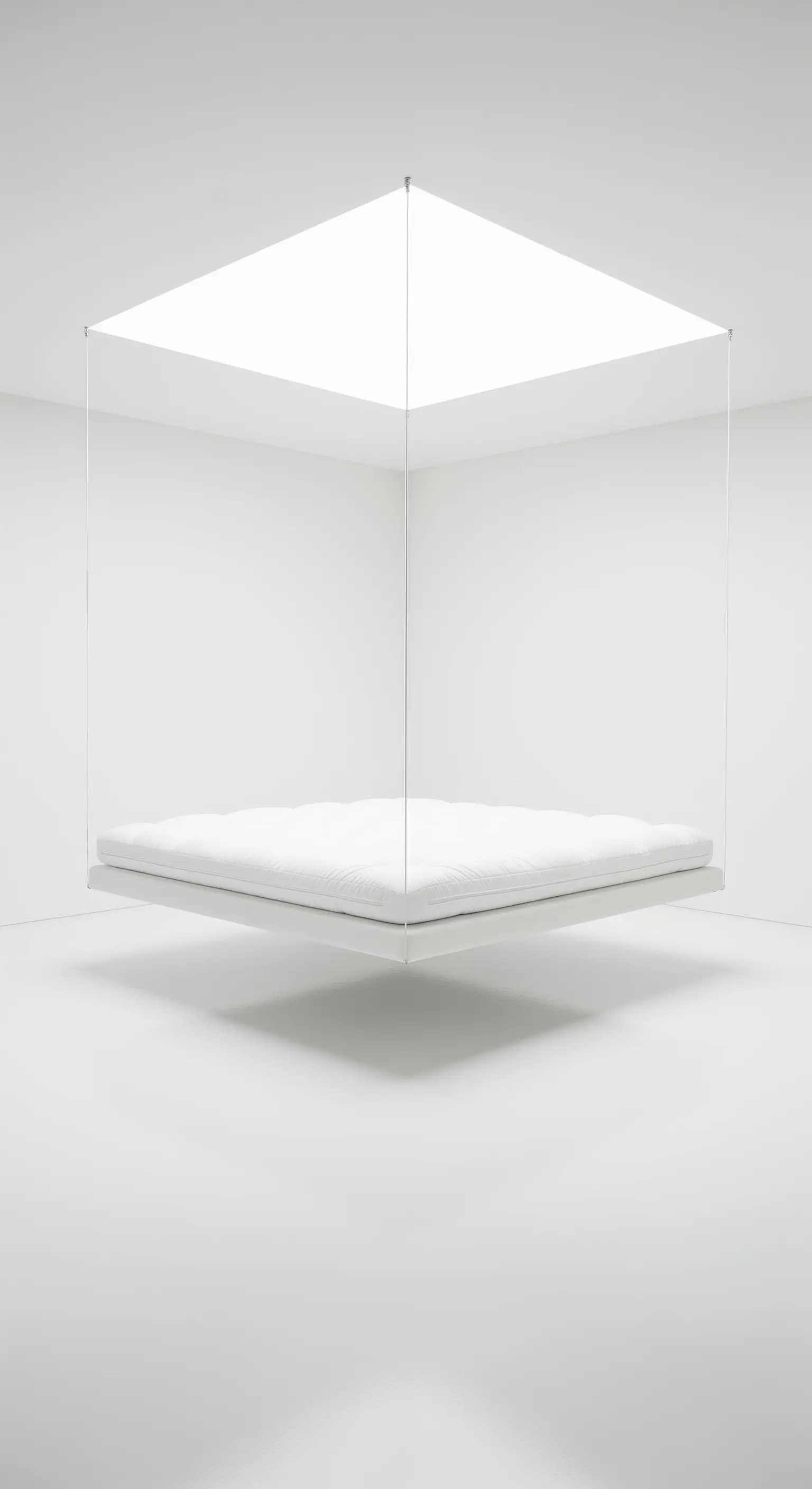 Materasso bianco sospeso da fili invisibili in una stanza completamente bianca e minimalista.