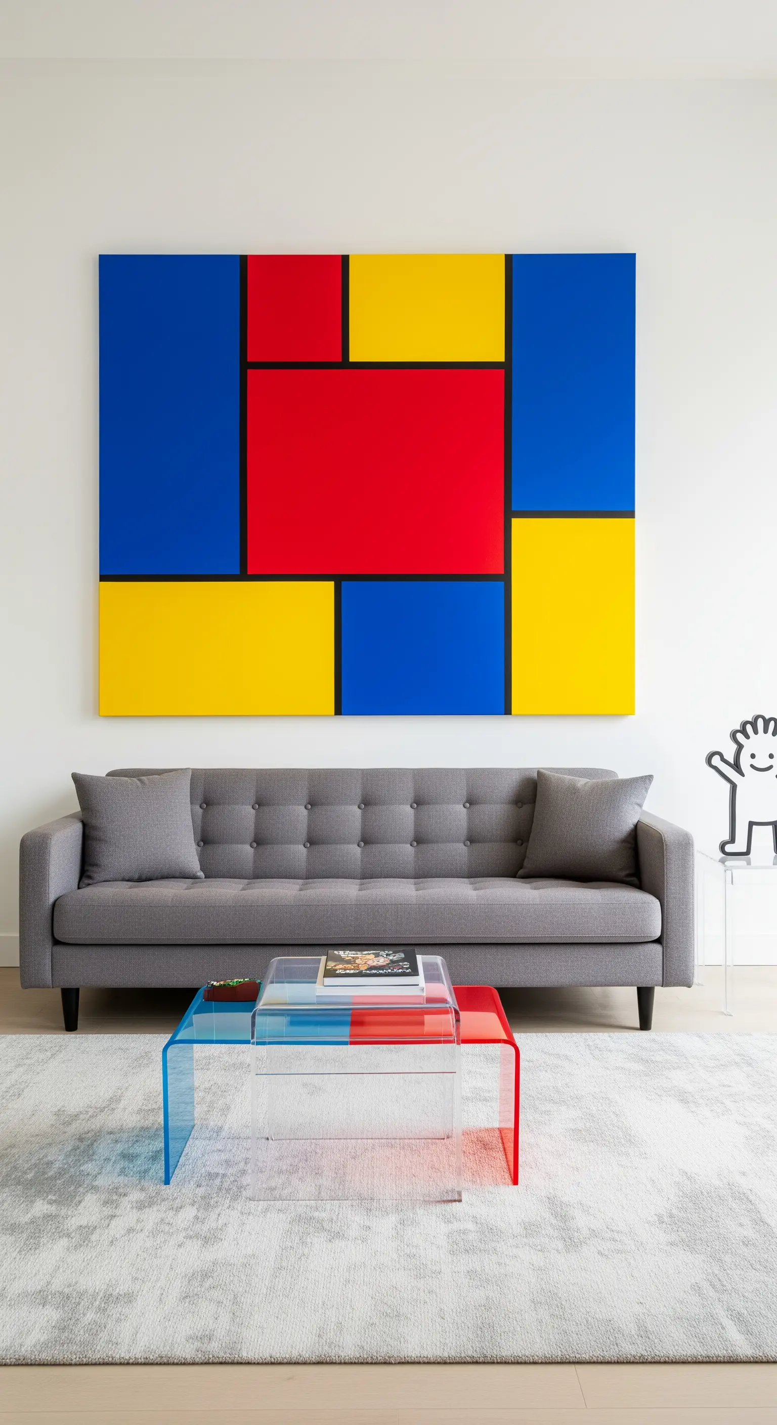 Quadro in stile Mondrian con colori primari sopra un divano grigio in un soggiorno minimal.