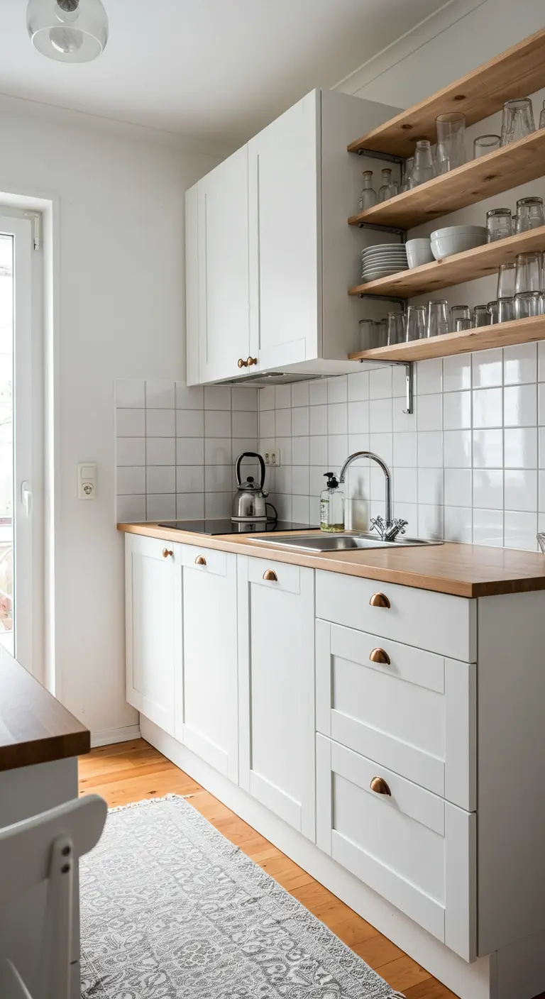 Cucina bianca con top in legno e mensole a vista per bicchieri e stoviglie.