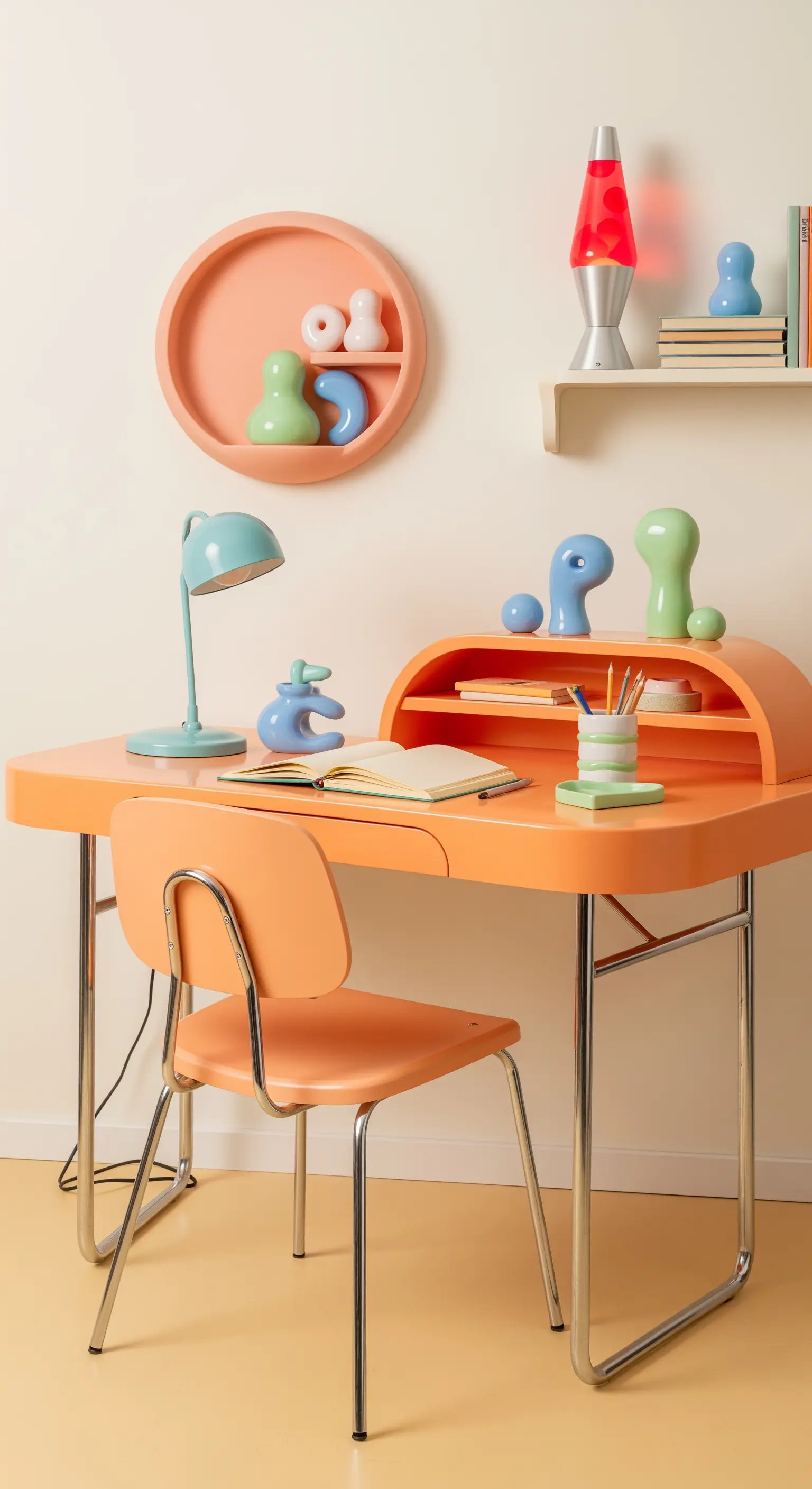 Scrivania arancione con forme arrotondate, lampada turchese e accessori organici colorati.