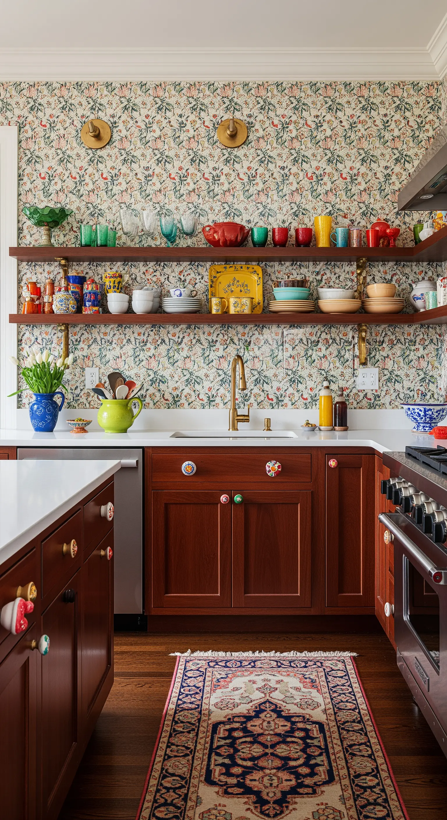 Cucina eclettica con mobili in legno, carta da parati e mensole piene di ceramiche colorate.