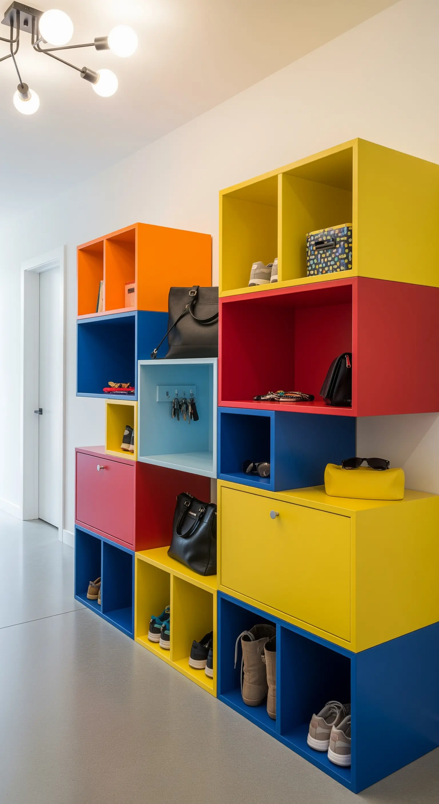 Sistema di contenitori modulari a cubo nei colori primari: giallo, rosso e blu.