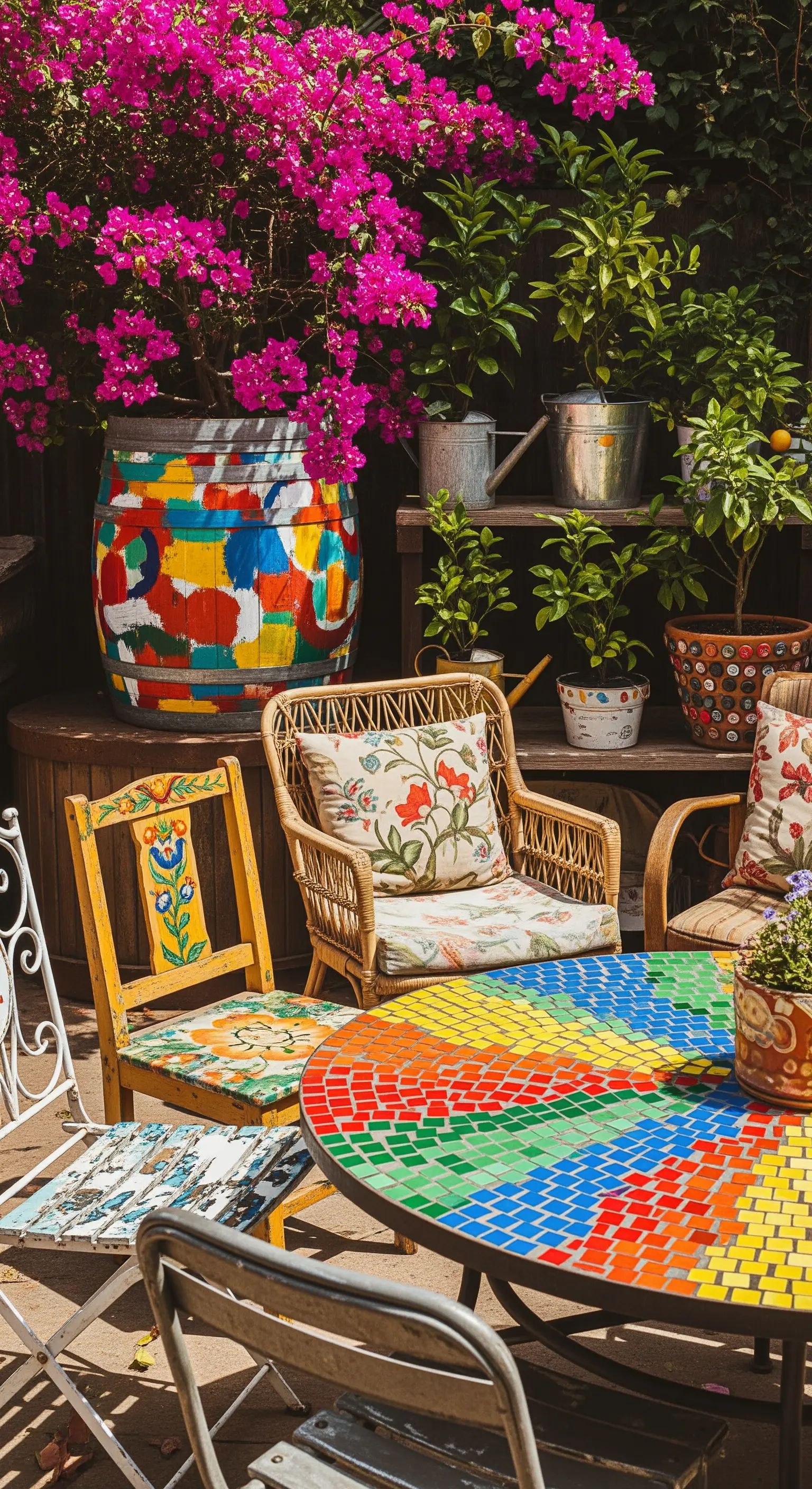 Angolo bohémien con sedie spaiate, tavolo con mosaico arcobaleno e piante in vasi colorati.