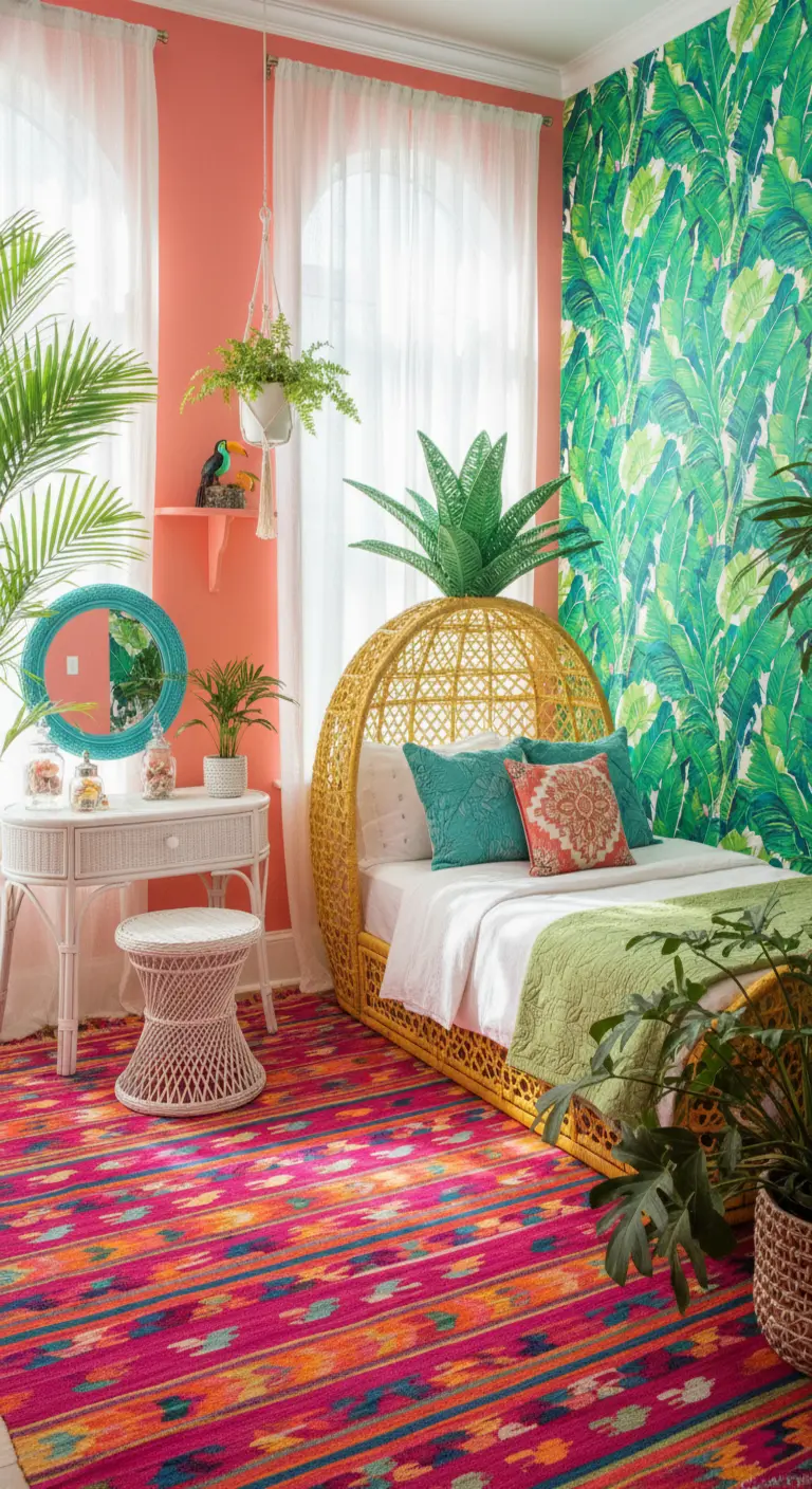Camera colorata con letto a forma di ananas in rattan giallo e carta da parati tropicale.