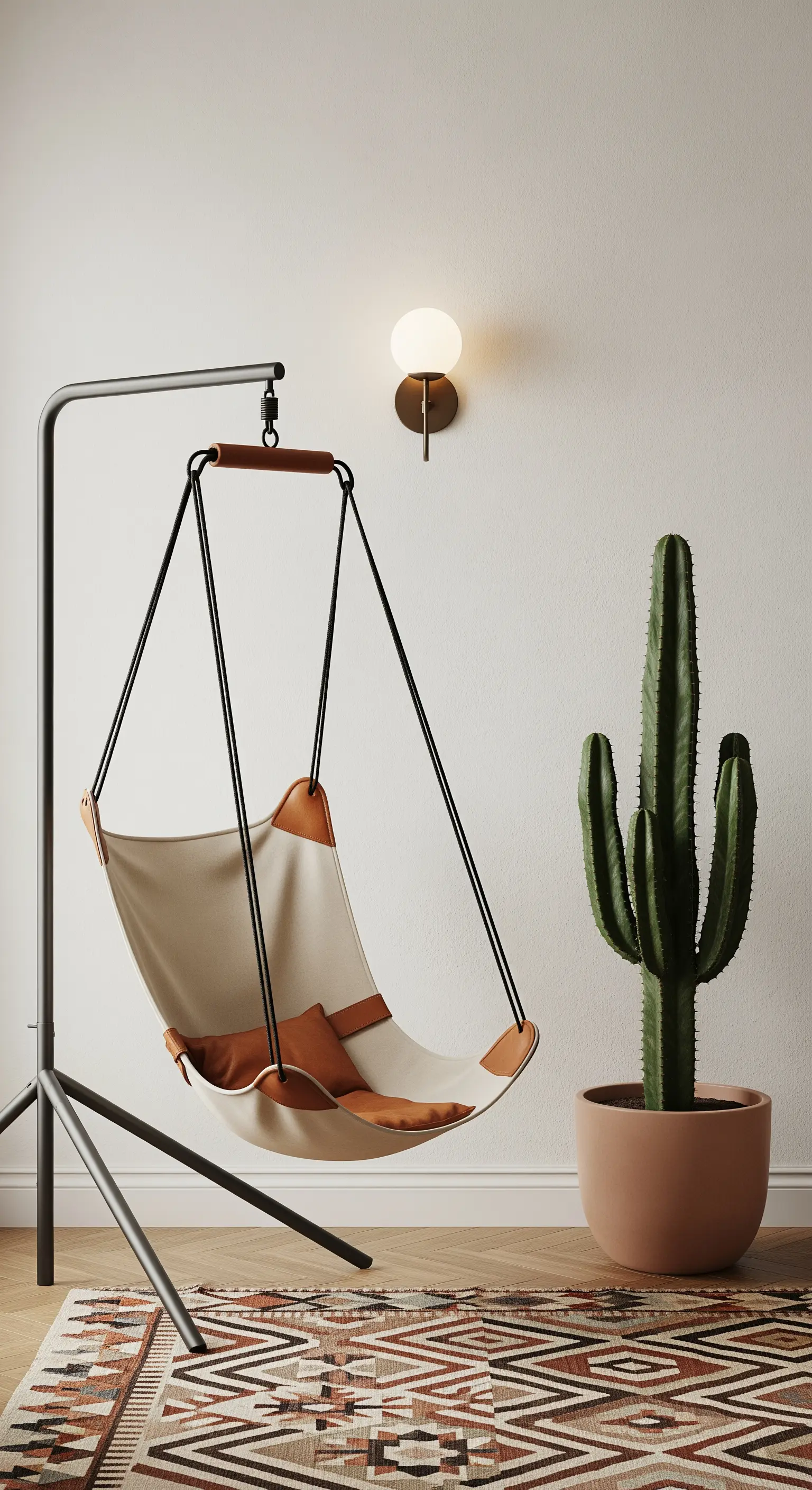 Poltrona sospesa autoportante con struttura in metallo nero e seduta in tela.