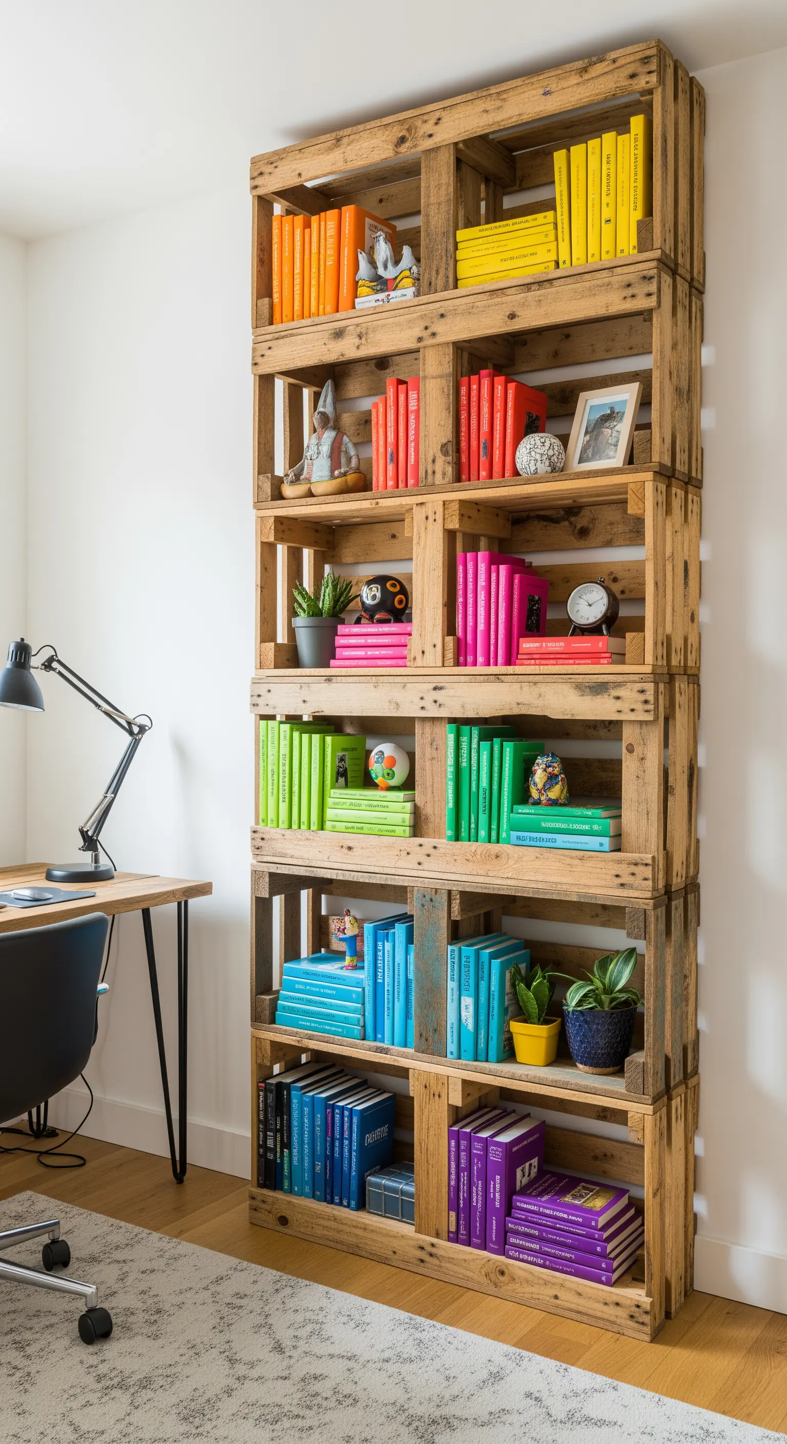 Alta libreria a giorno costruita con casse di legno impilate, piena di libri colorati.