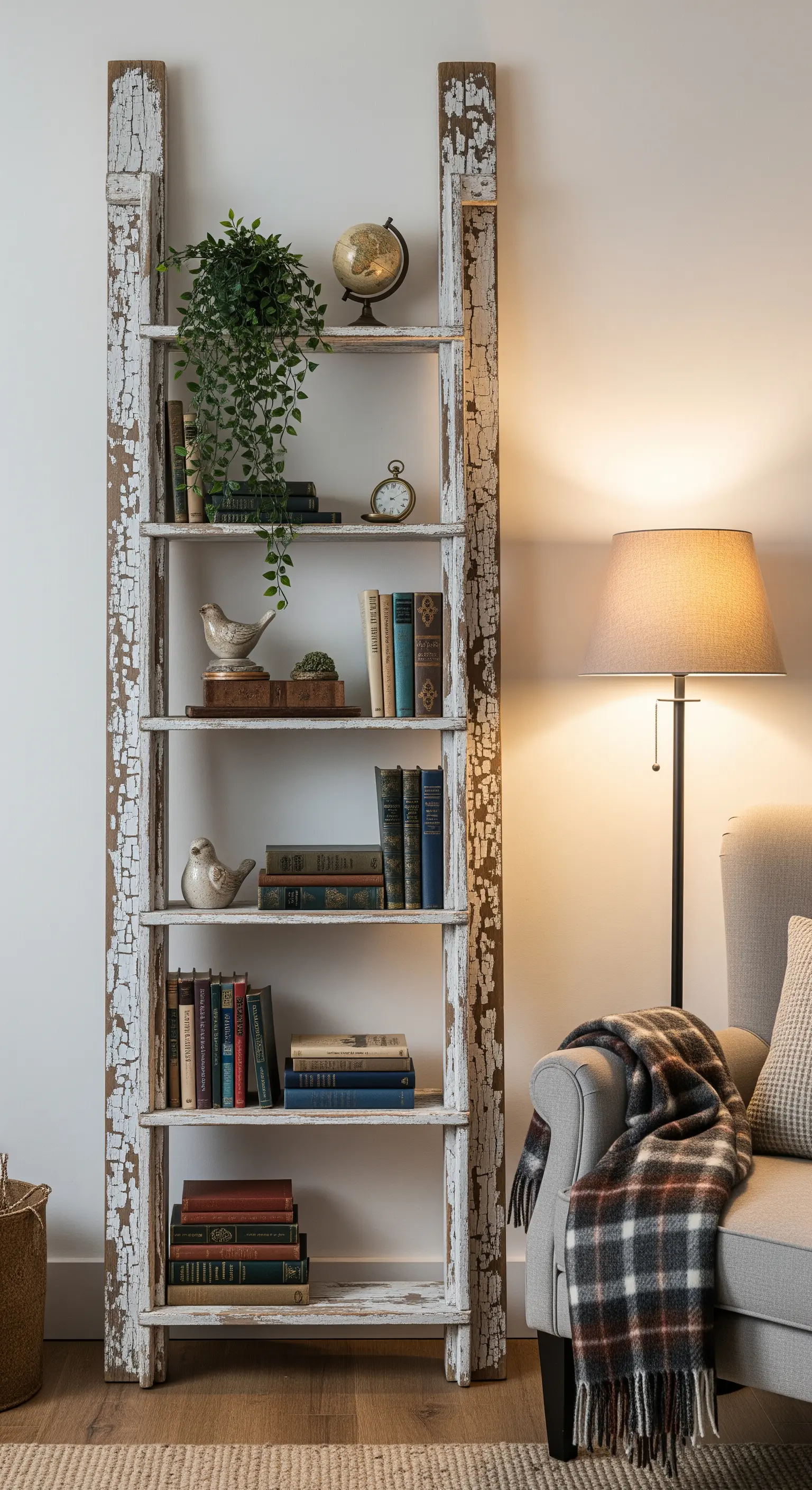 Vecchia scala a pioli in legno con vernice scrostata, usata come libreria per libri e piante.