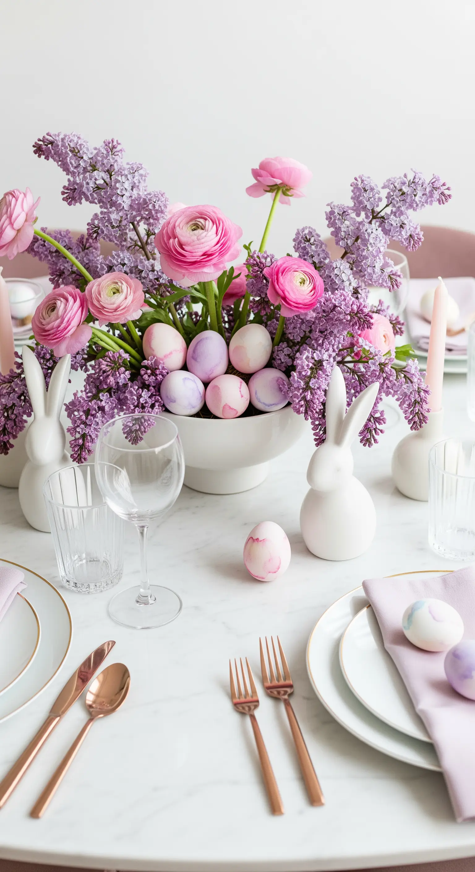 Centrotavola pasquale con fiori di lillà e ranuncoli rosa, uova sfumate e posate rame