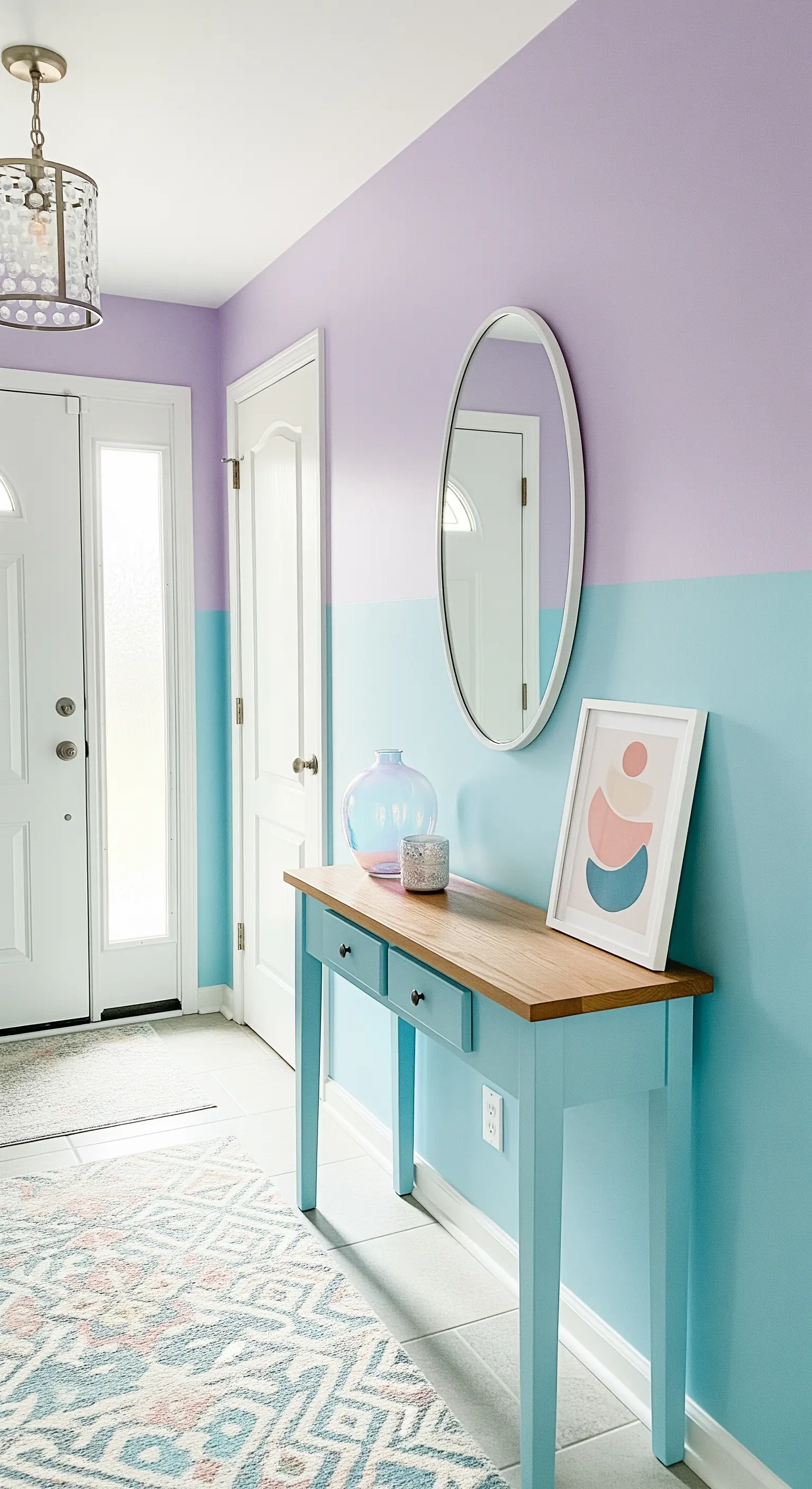 Ingresso con parete bicolore pastello lilla e turchese, con consolle coordinata.