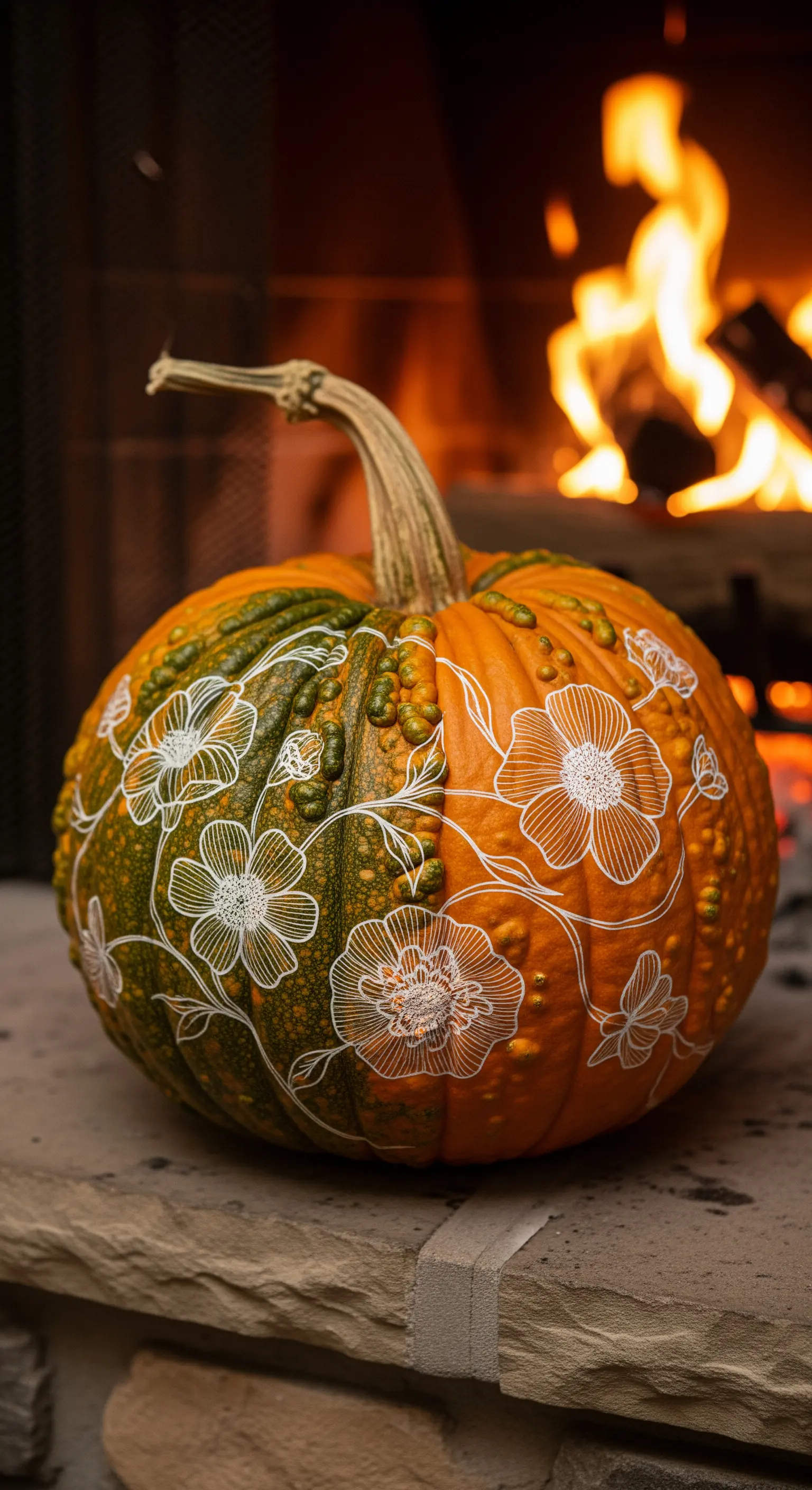 Zucca bitorzoluta bicolore, arancione e verde, con delicati fiori disegnati in linea bianca sottile.