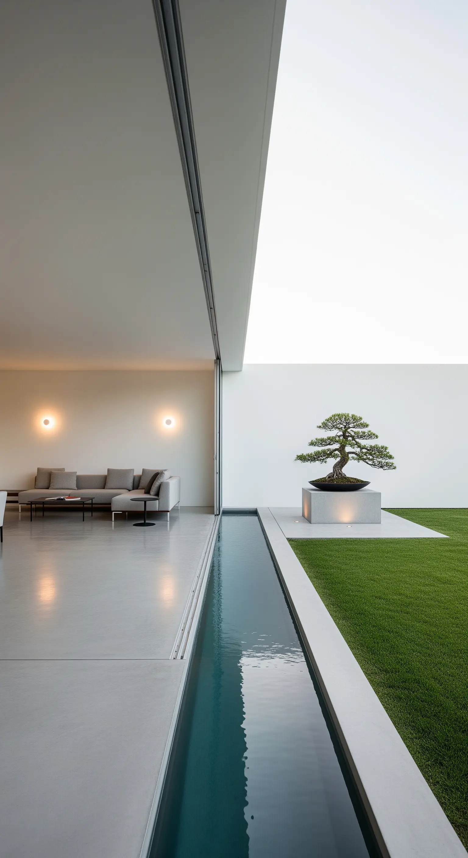 Spazio minimalista con un canale d'acqua che collega l'interno a un prato con un bonsai.