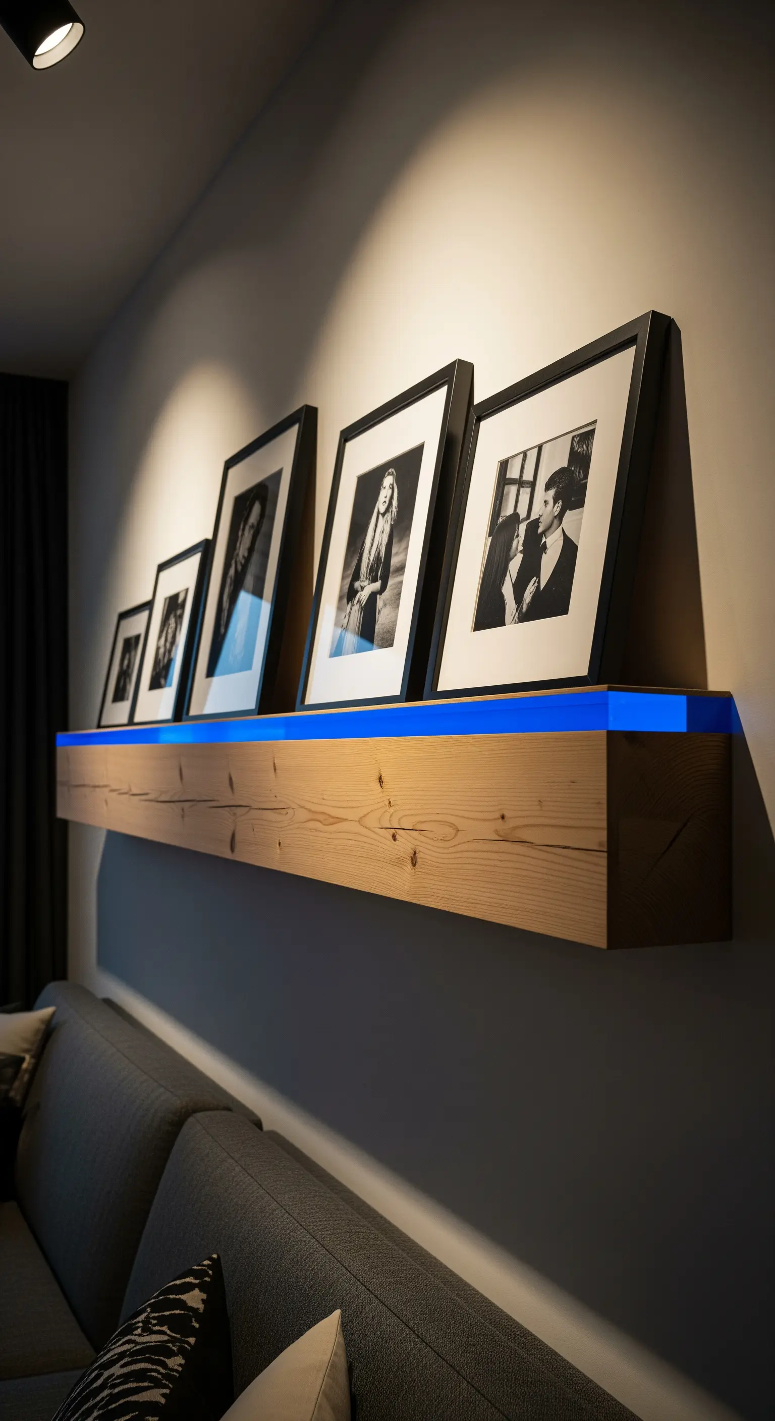 Lunga mensola in legno sopra un divano con una striscia LED blu che illumina la parete.