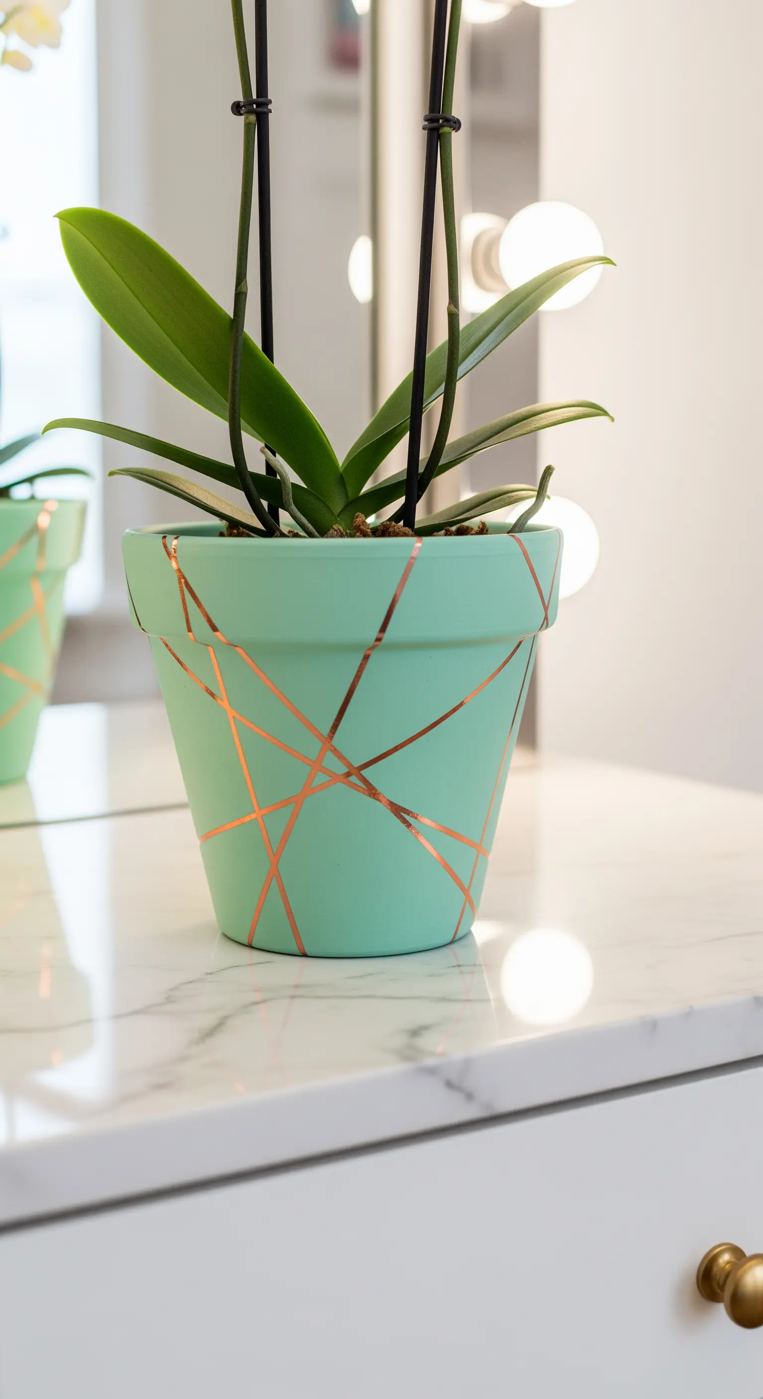 Vaso color verde menta con un motivo a ragnatela di sottili linee color rame, su un piano di marmo.