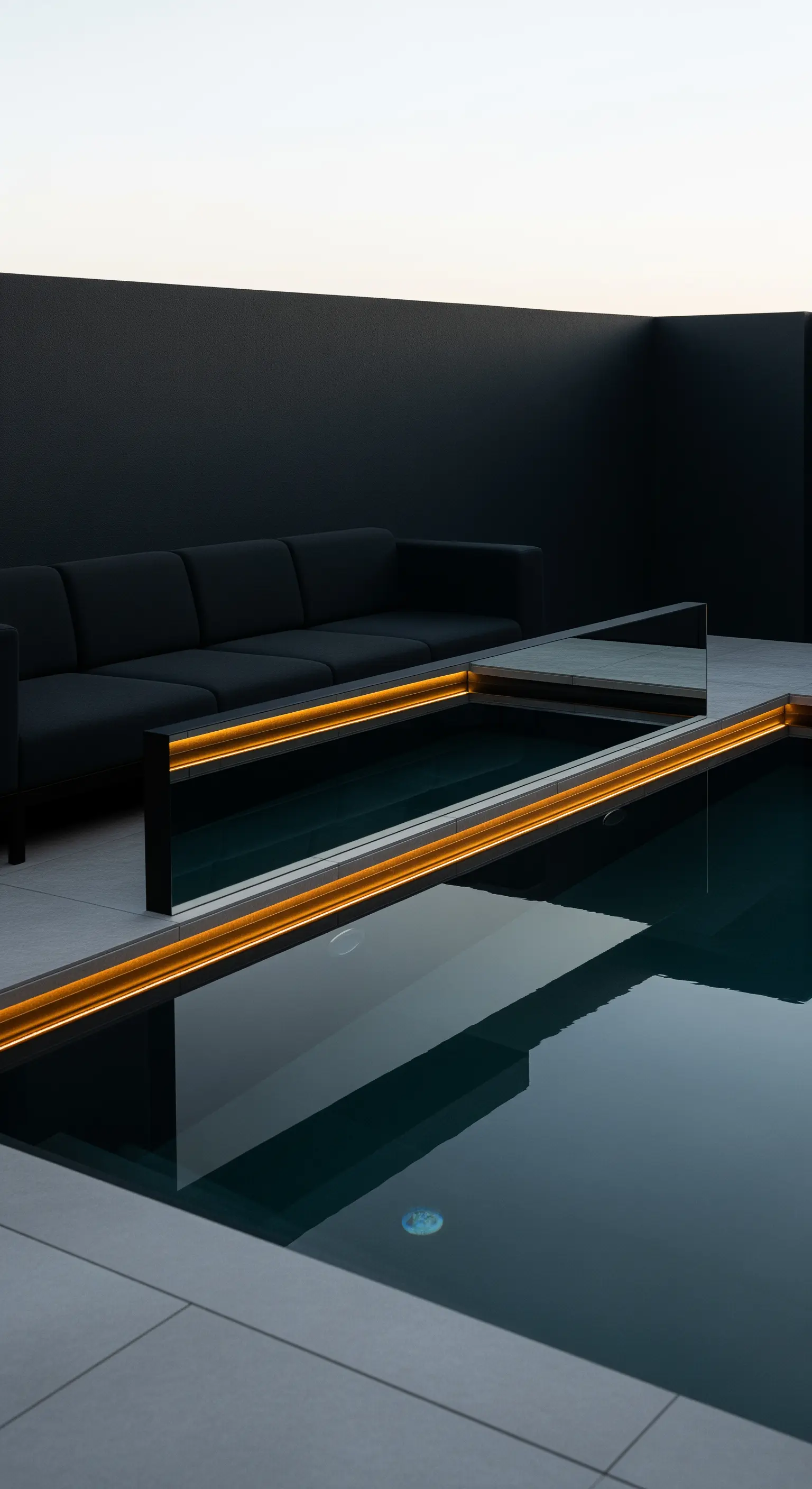 Piscina minimalista con bordo a specchio e illuminazione LED integrata.