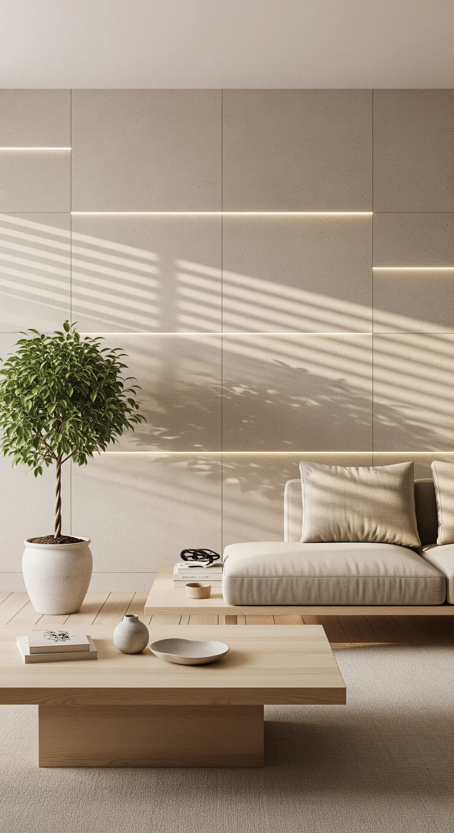 Parete a pannelli beige effetto cemento con sottili strisce LED orizzontali integrate.