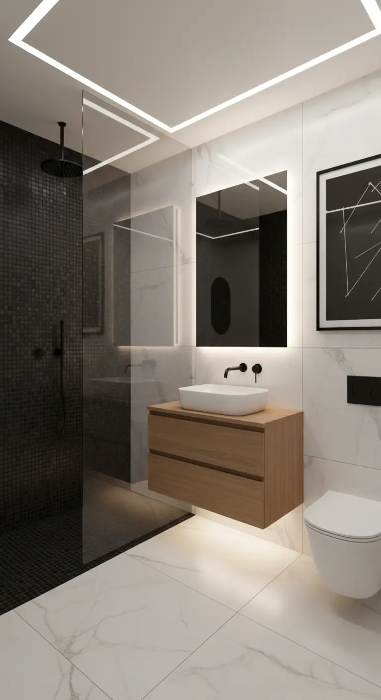 Bagno moderno con doccia in mosaico nero e illuminazione a LED integrata.