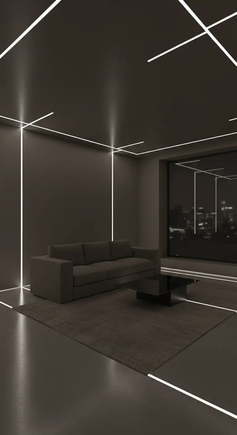 Salotto scuro con linee di luce a LED che disegnano pareti e soffitto.