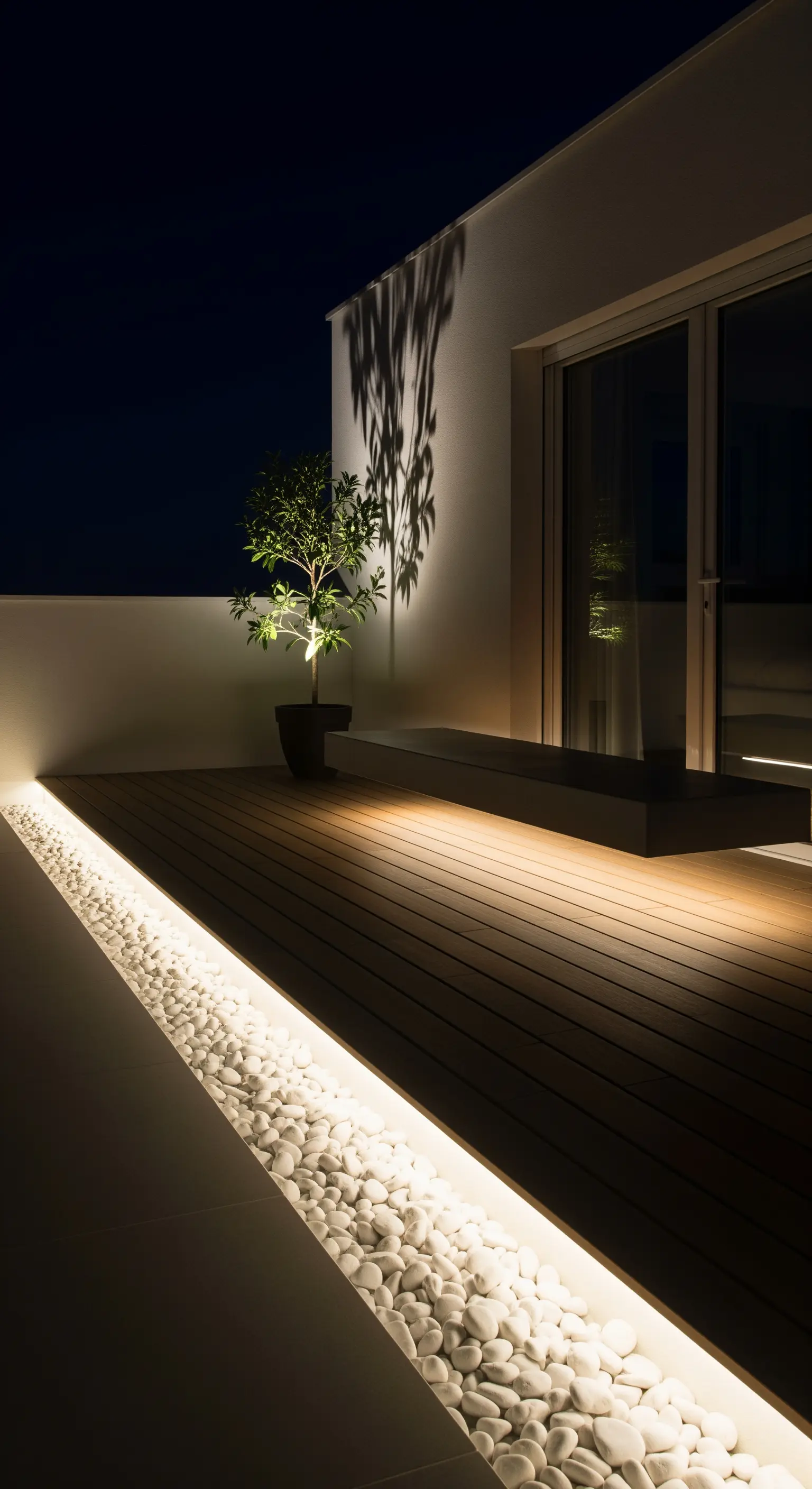Balcone minimalista di notte con striscia LED che illumina un bordo di ciottoli bianchi.