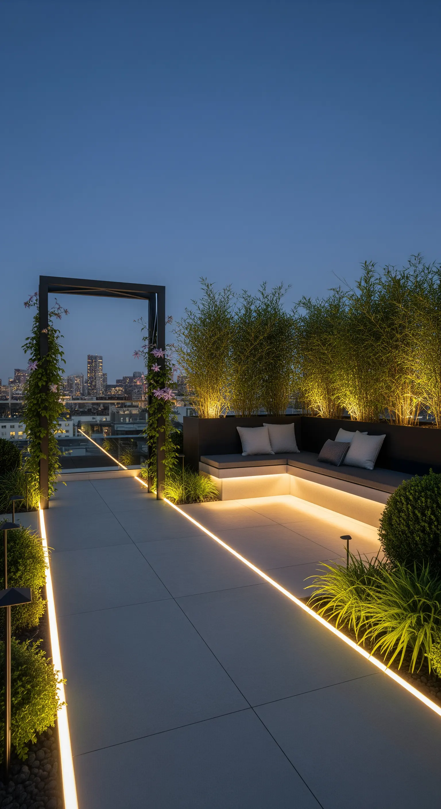 Terrazza moderna con strisce LED a pavimento che definiscono il percorso verso una seduta angolare.