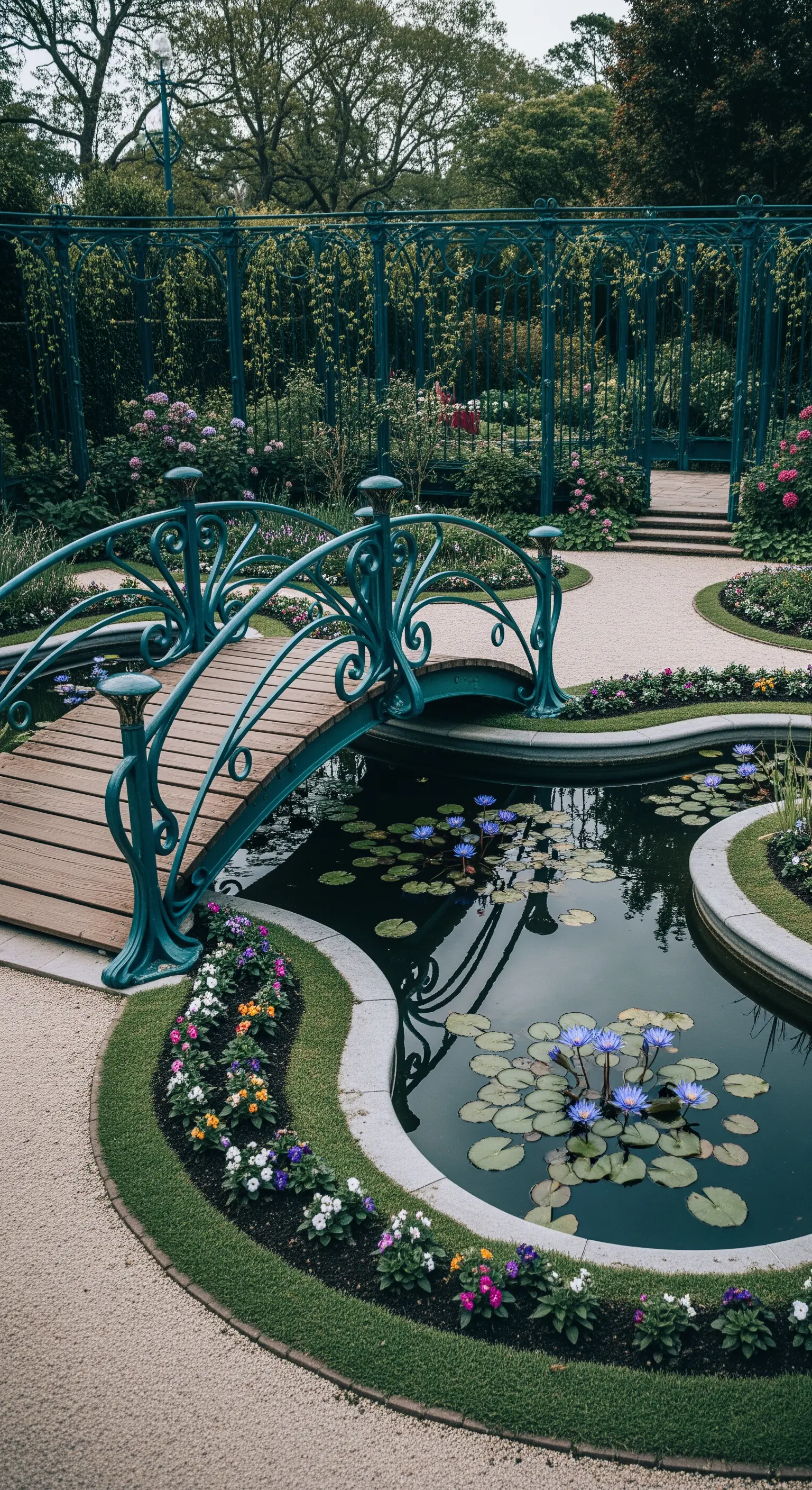 Ponte in stile Art Nouveau con corrimano curvo verde petrolio e doghe in legno