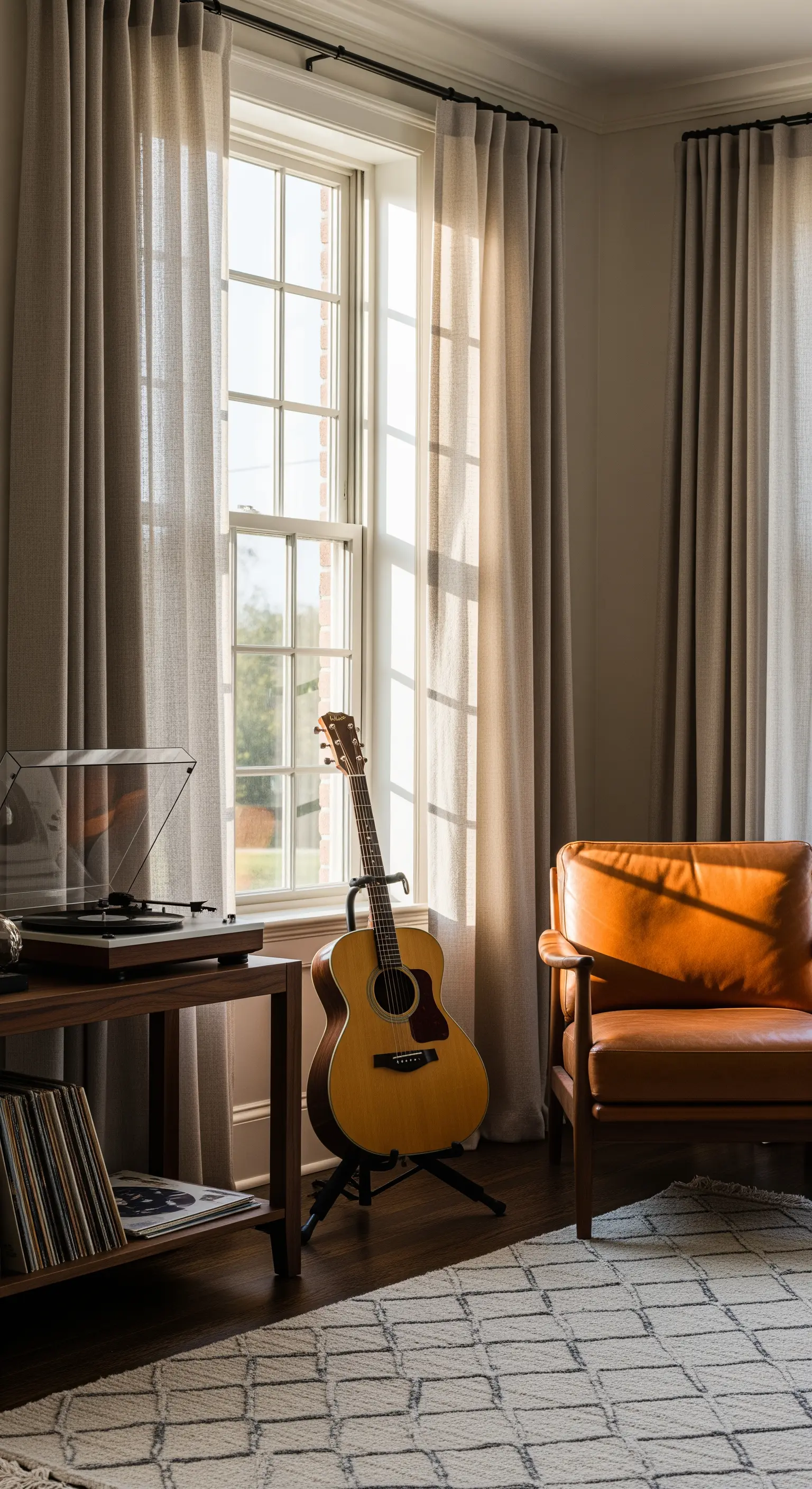 Angolo musica con poltrona in pelle, giradischi e tende color tortora.