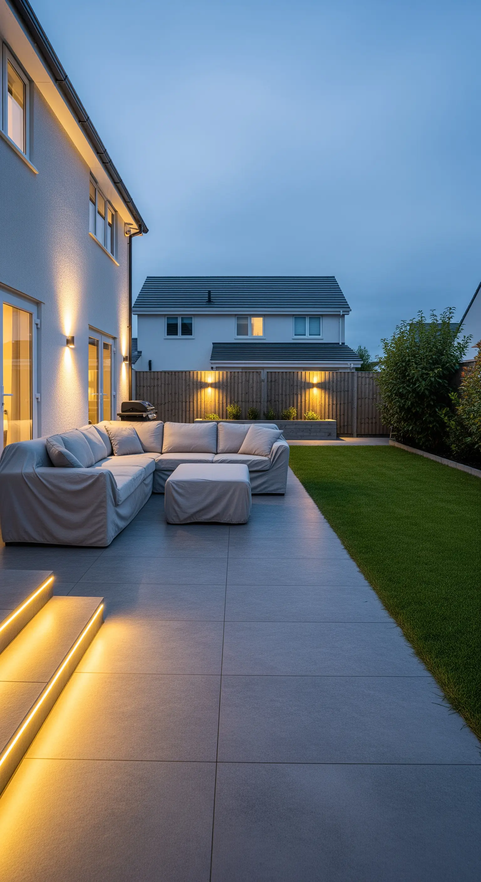 Patio in cemento con divano angolare e illuminazione a LED integrata su gradini e muretto.