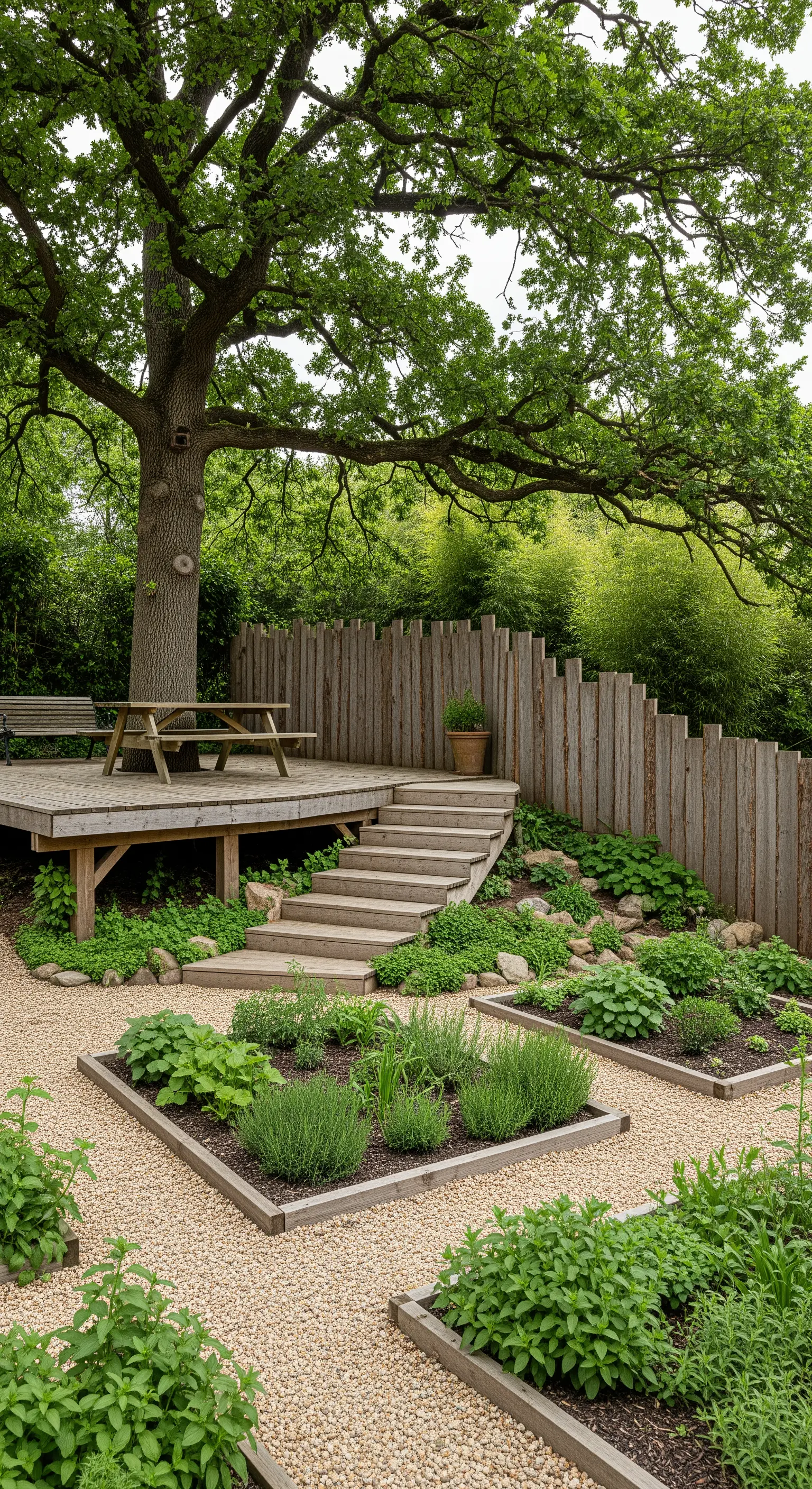 Pedana rialzata in legno con tavolo da picnic, collegata a un giardino di ghiaia con aiuole.