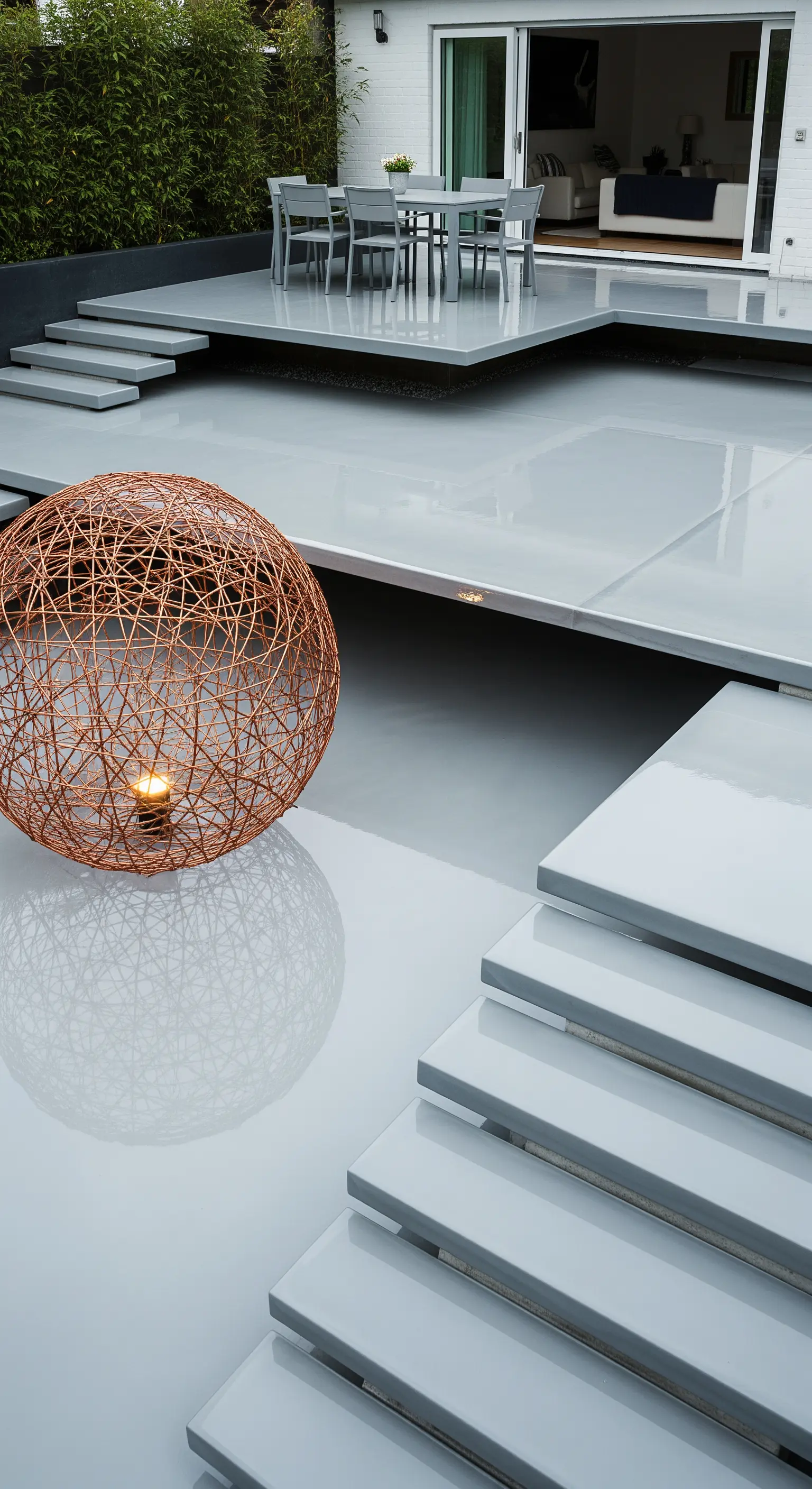 Scultura sferica luminosa in filo di rame su una terrazza a più livelli con pavimento grigio.