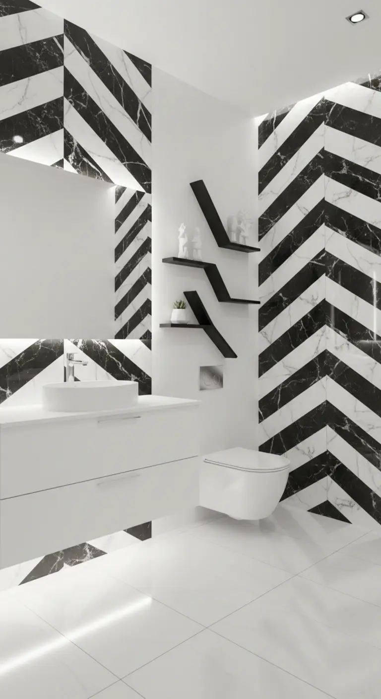Pareti rivestite in marmo bianco e nero con posa a spina di pesce chevron.