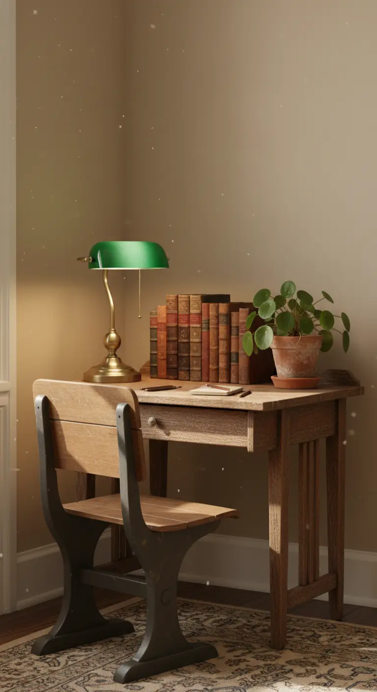 Scrivania vintage in legno con sedia abbinata, lampada da banchiere verde e libri antichi.