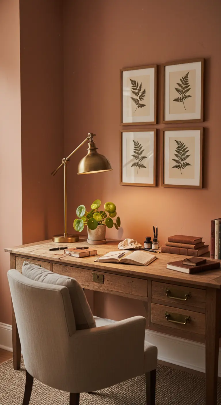 Scrivania in legno con sedia imbottita, lampada in ottone e quattro stampe botaniche incorniciate.