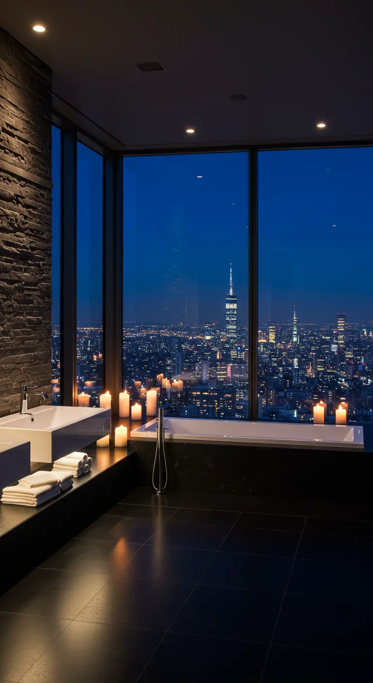 Bagno moderno con vista notturna sullo skyline, vasca a filo finestra e candele.
