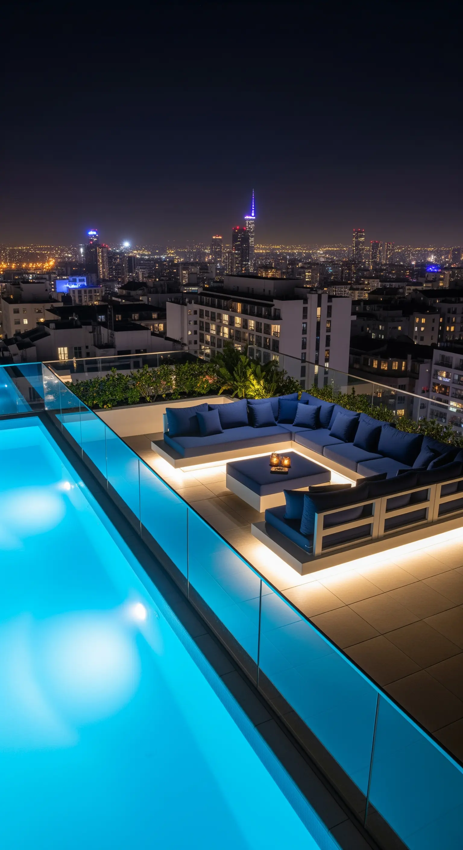 Terrazza panoramica con divano modulare blu, illuminazione sotto la seduta e vista sulla città di notte.