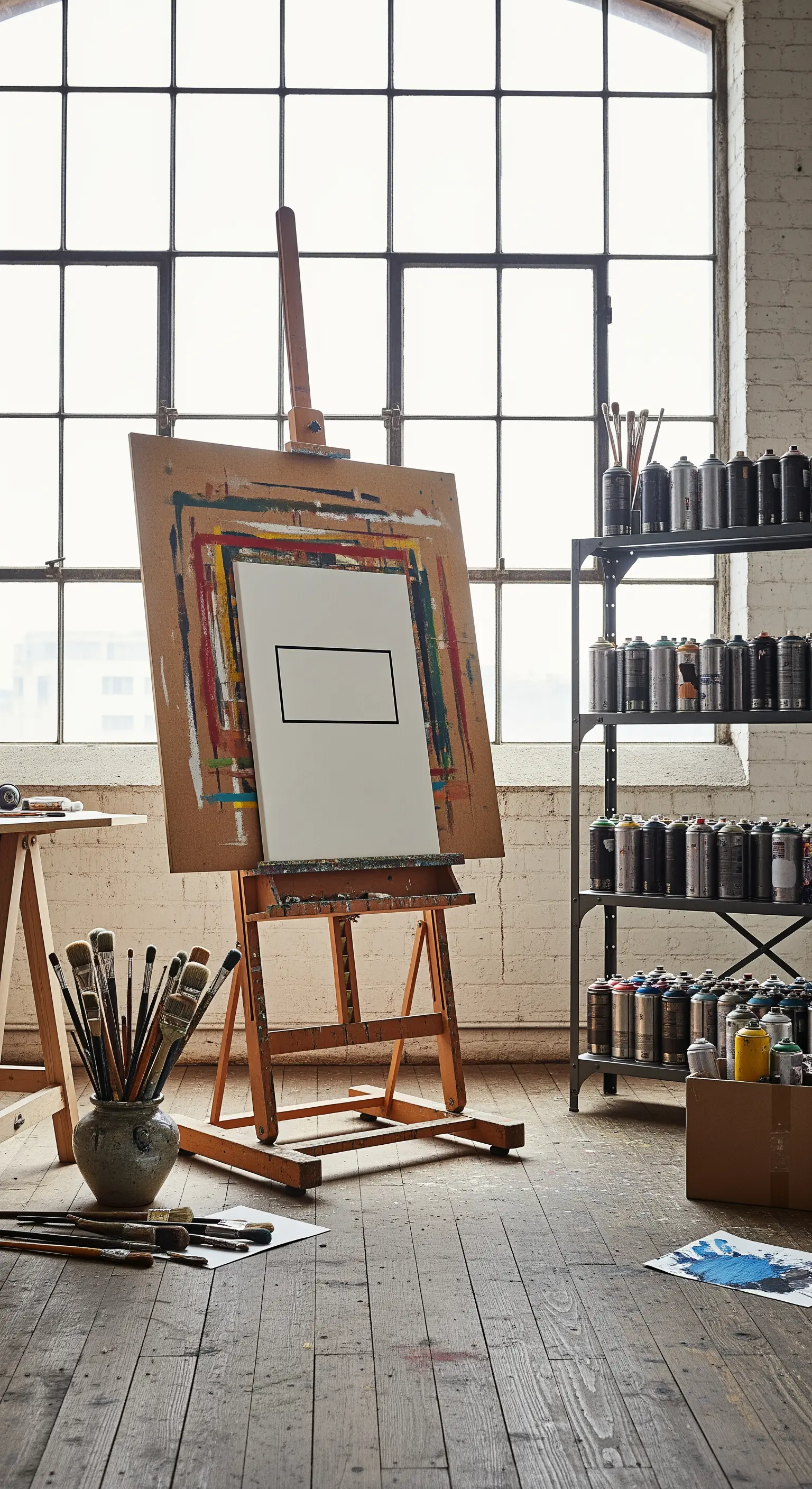 Studio d'artista con cavalietto, pavimento in legno grezzo e scaffali industriali.