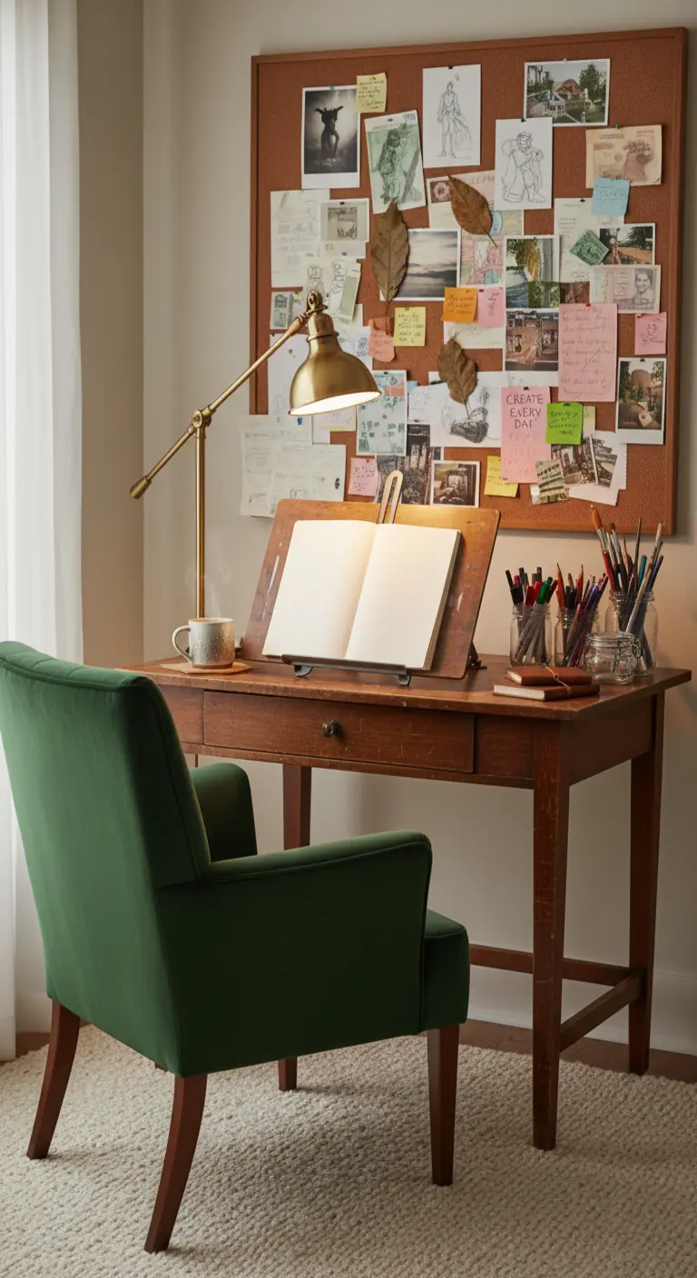 Scrivania in legno con poltroncina in velluto verde e una grande bacheca in sughero.