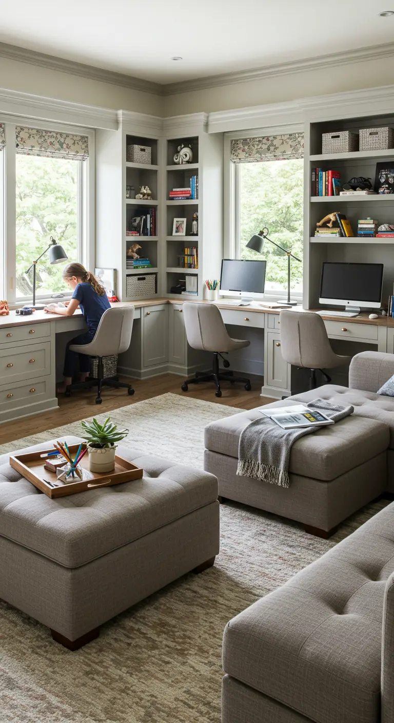 Angolo studio per due persone con scrivanie e librerie su misura grigie.