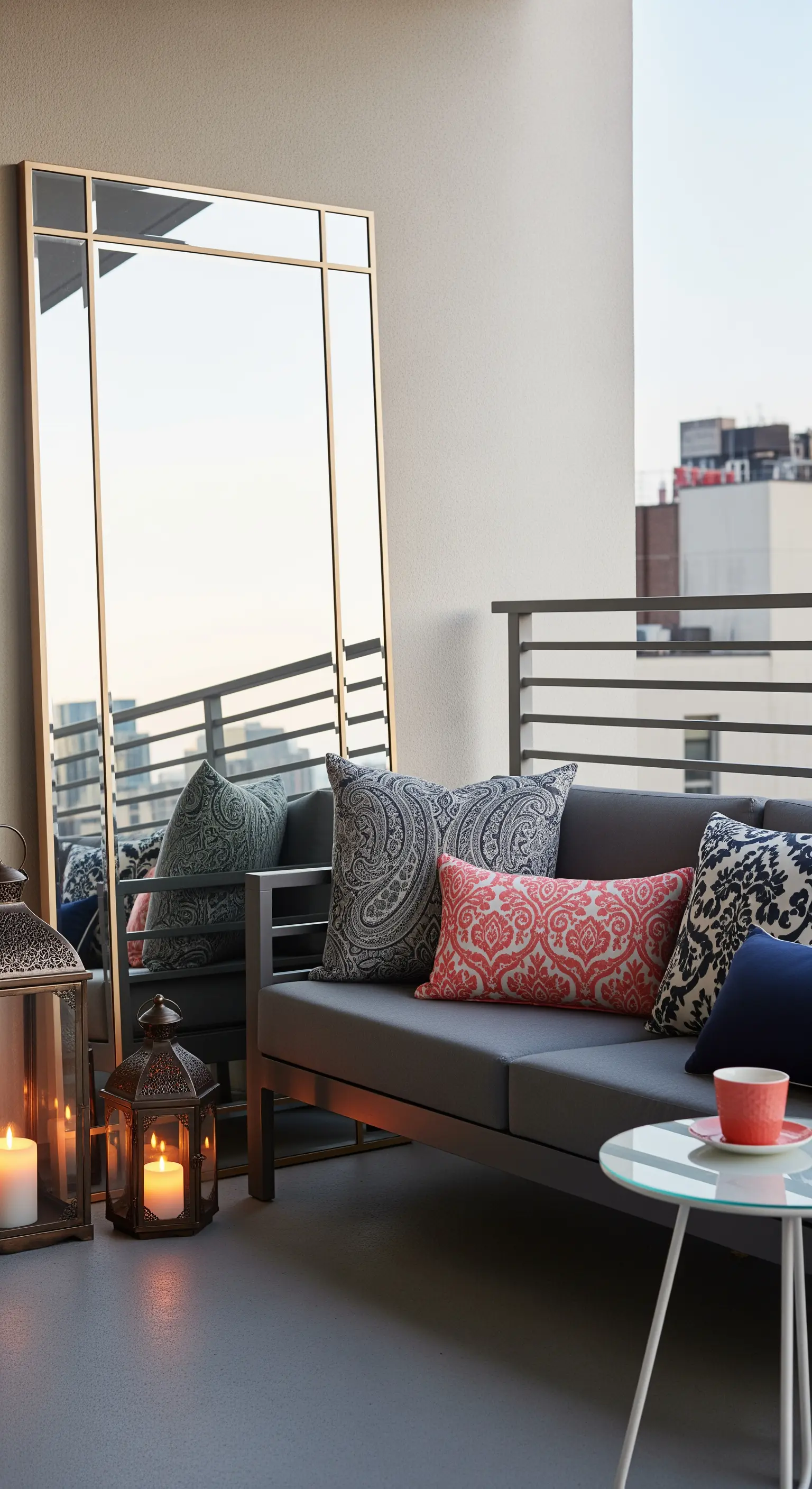 Grande specchio a figura intera appoggiato a una parete del balcone accanto a un divano grigio.