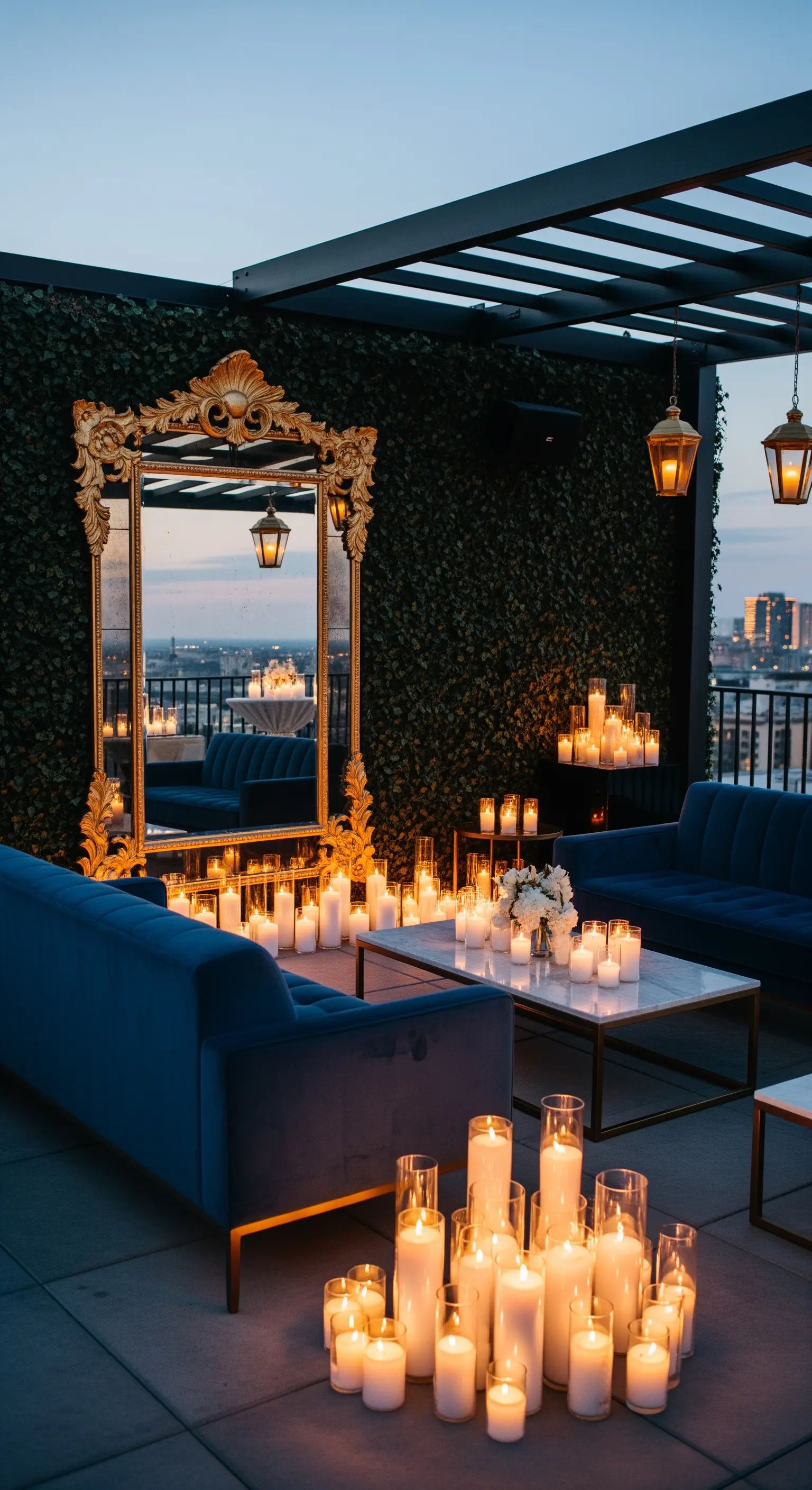 Grande specchio dorato su una terrazza con divani blu e decine di candele accese.