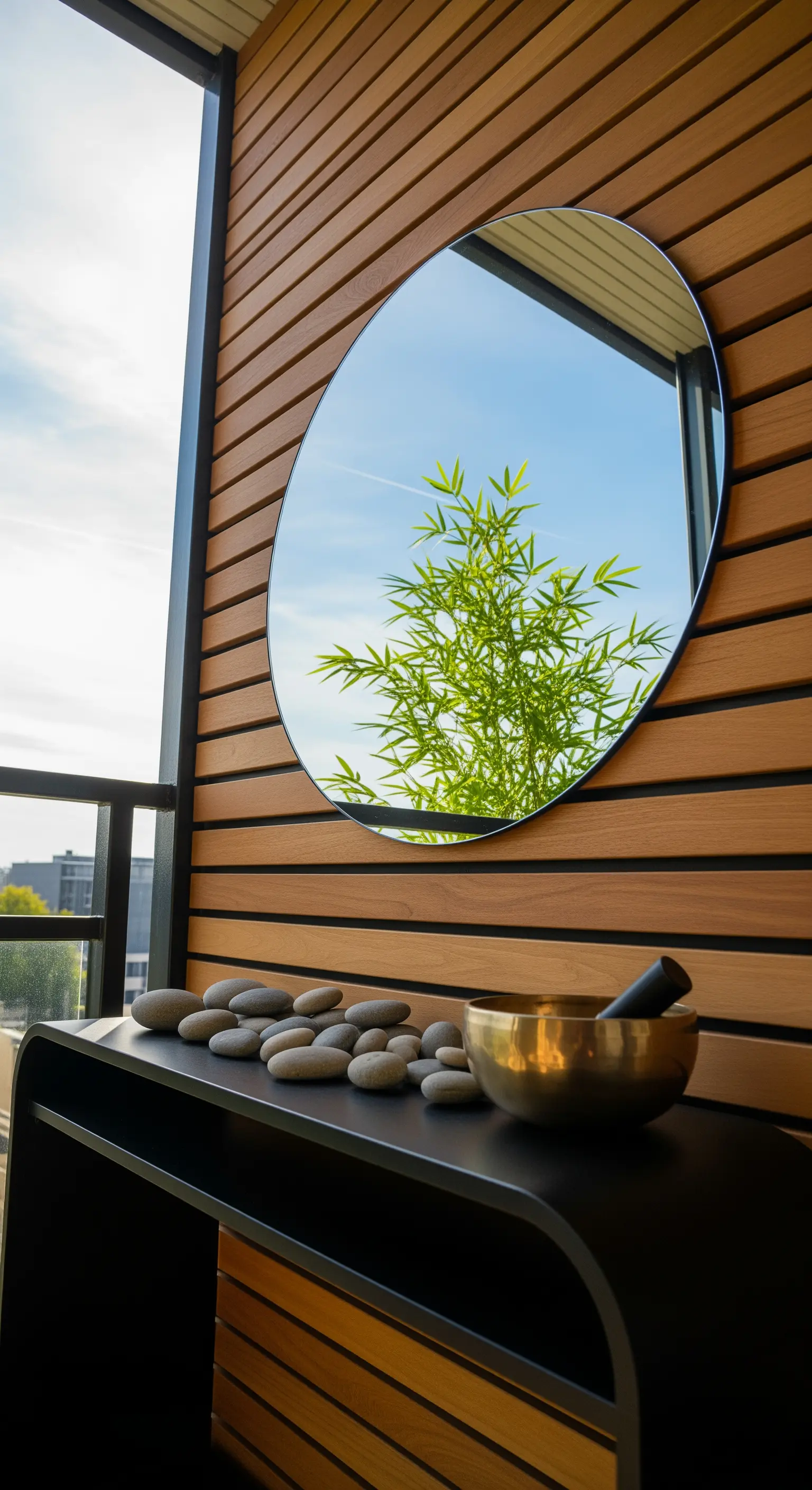 Specchio ovale su una parete a listelli di legno che riflette il cielo e piante di bambù.