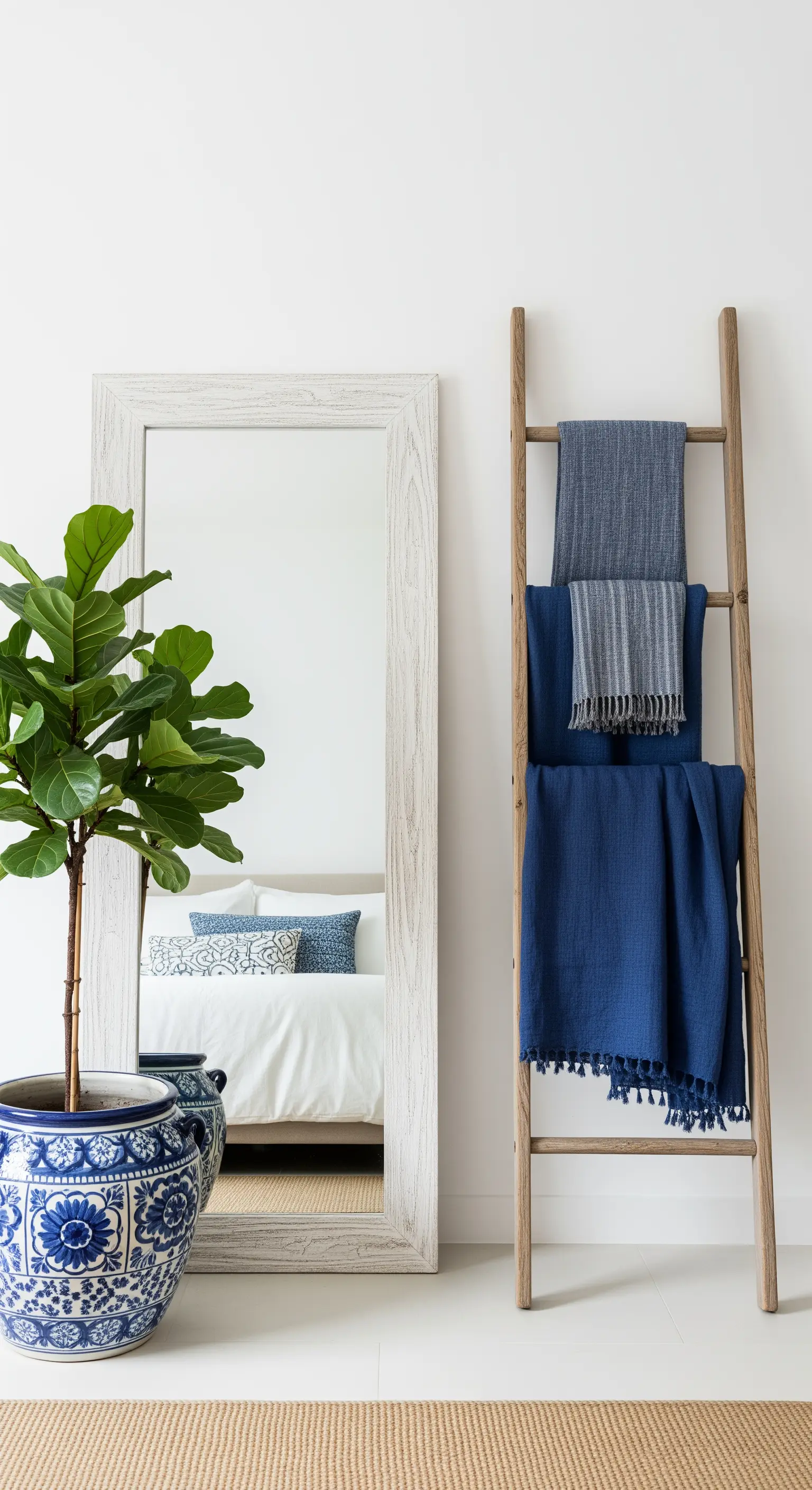 Grande specchio appoggiato alla parete accanto a una scala in legno con coperte blu.