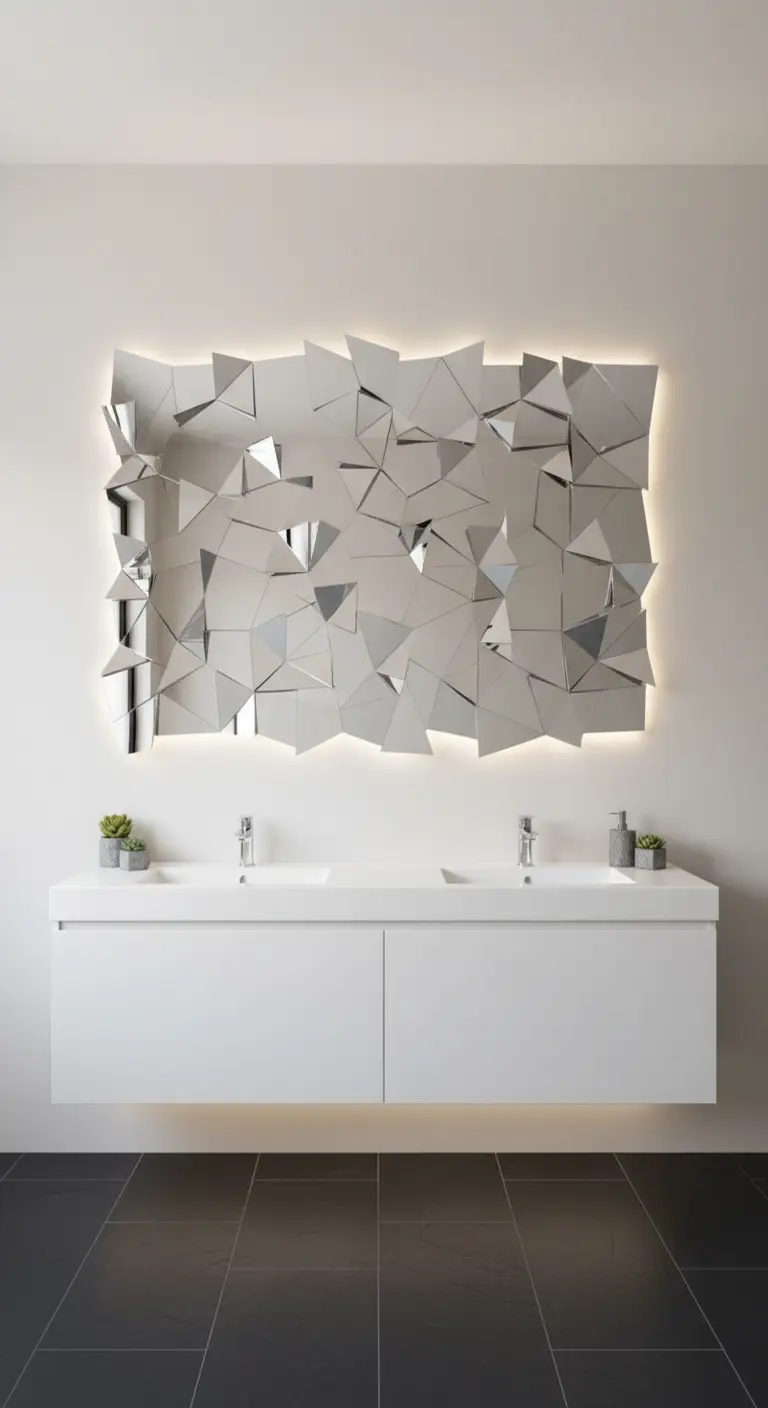 Grande specchio frammentato e retroilluminato sopra un mobile lavabo bianco doppio.