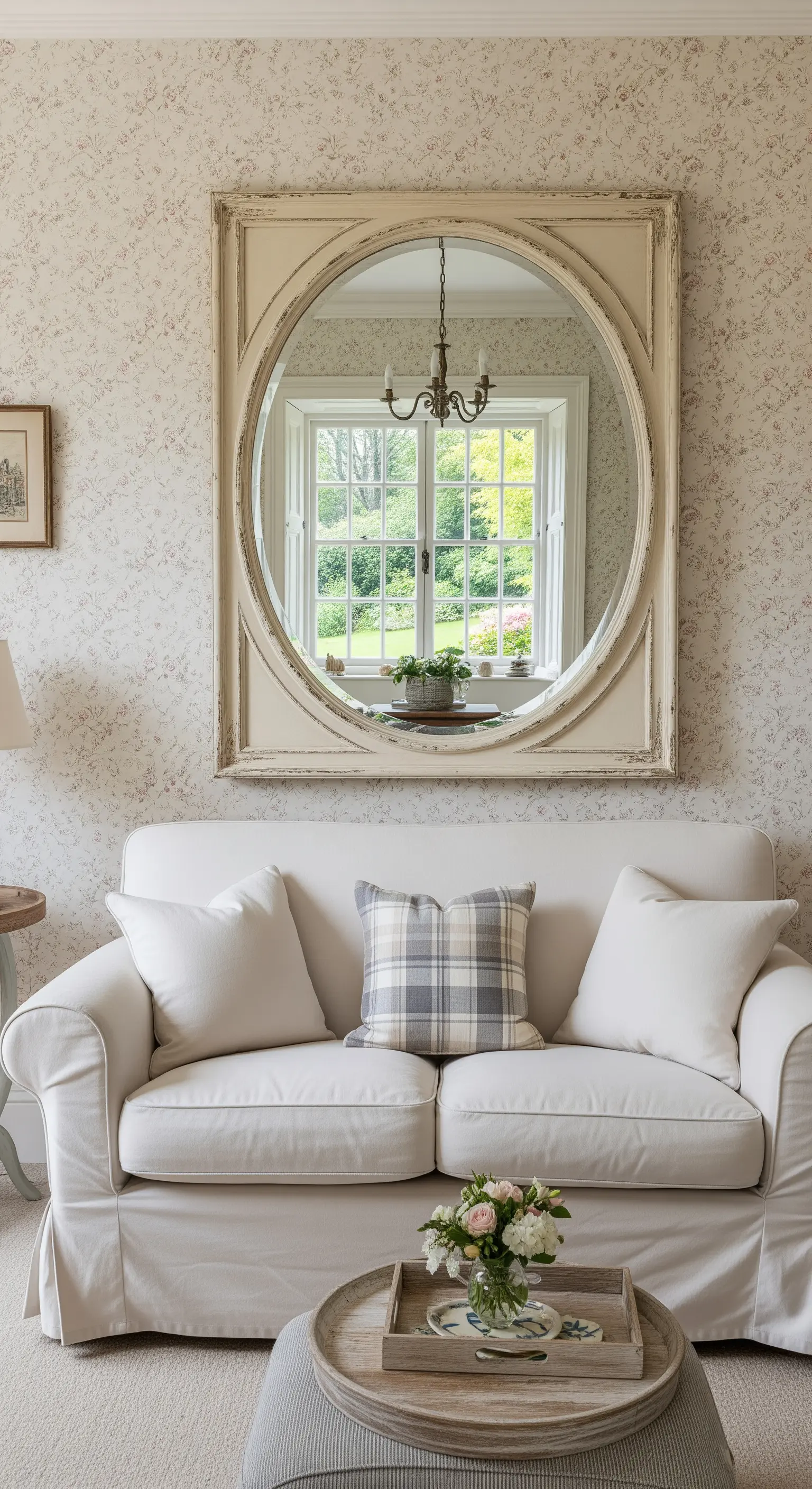 Specchio rotondo in una cornice quadrata che riflette una finestra con vista su un giardino verde.