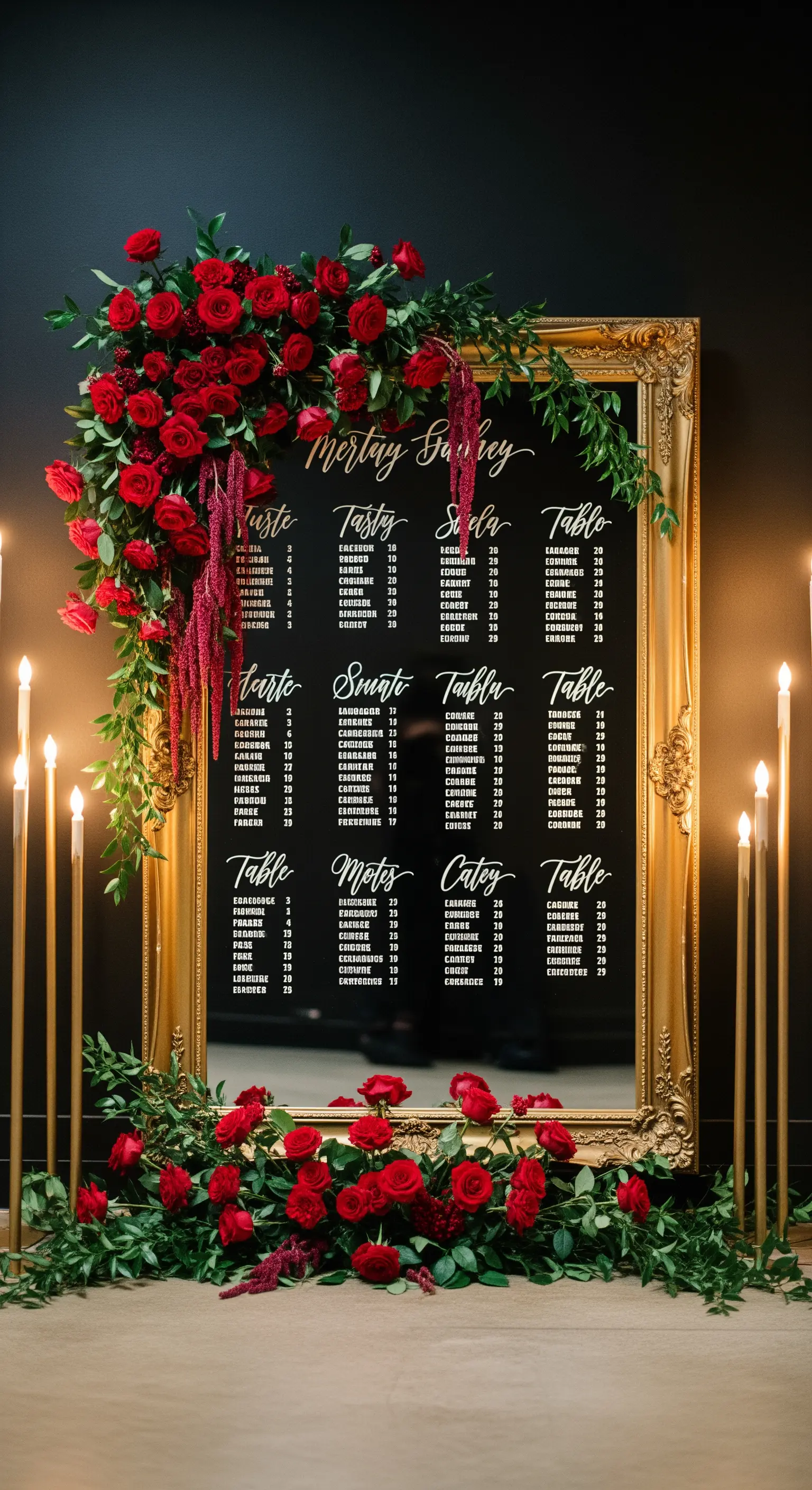 Tableau de mariage scritto su un grande specchio dorato e decorato con rose rosse.