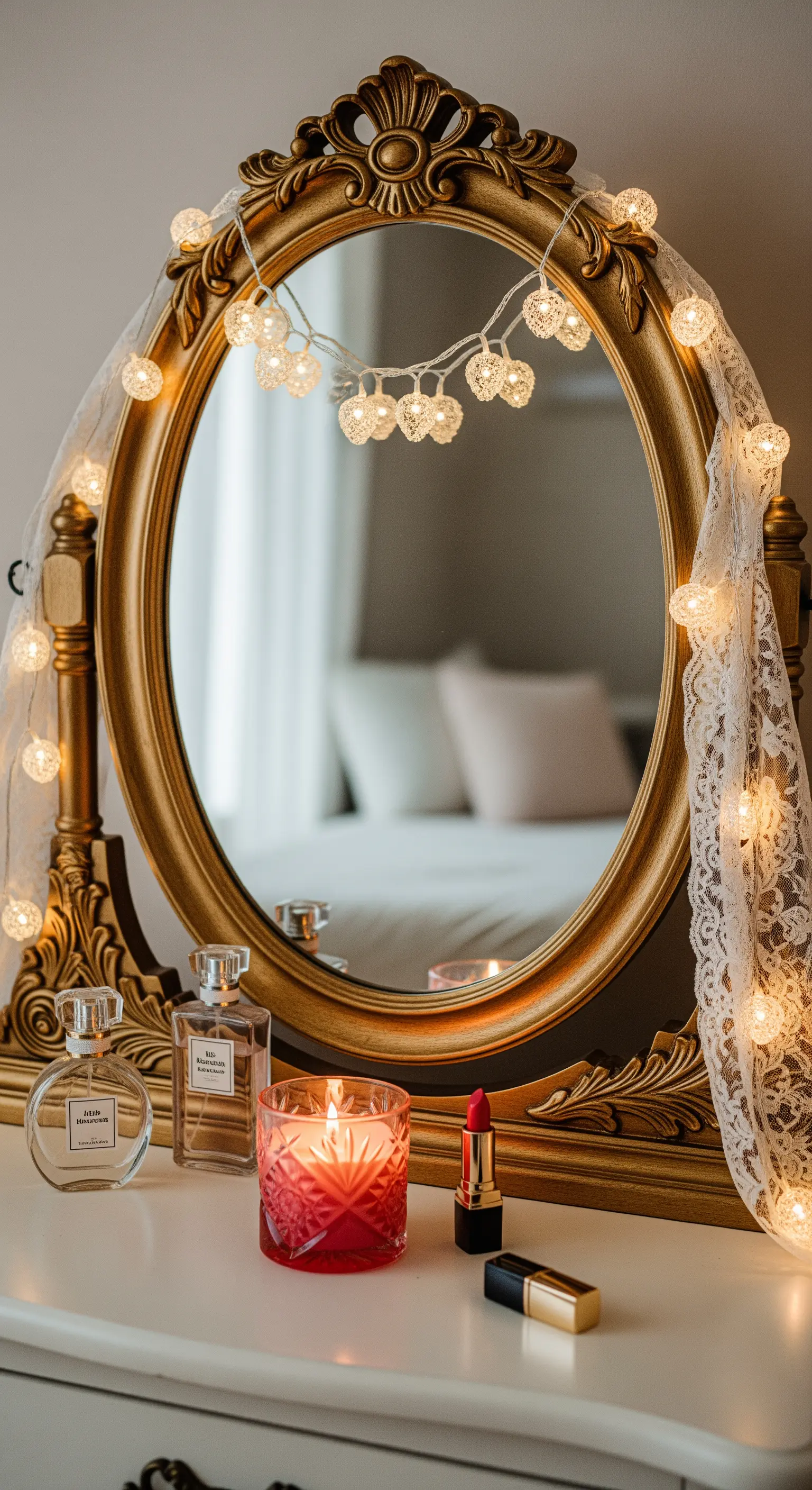 Specchio da trucco dorato decorato con lucine e pizzo, con accanto una candela rossa.