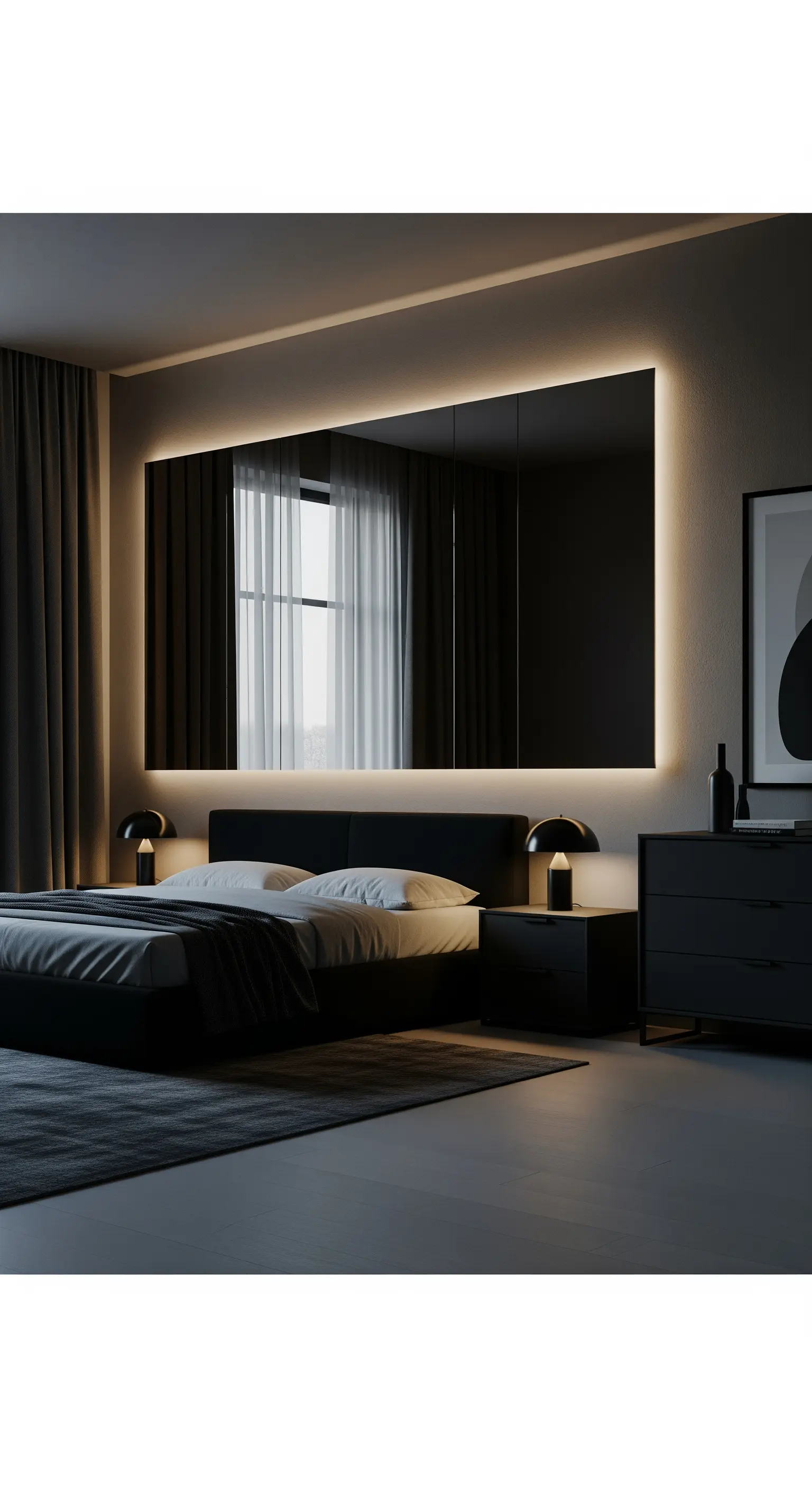 Grande specchio retroilluminato sopra il letto in una camera da letto scura e moderna.