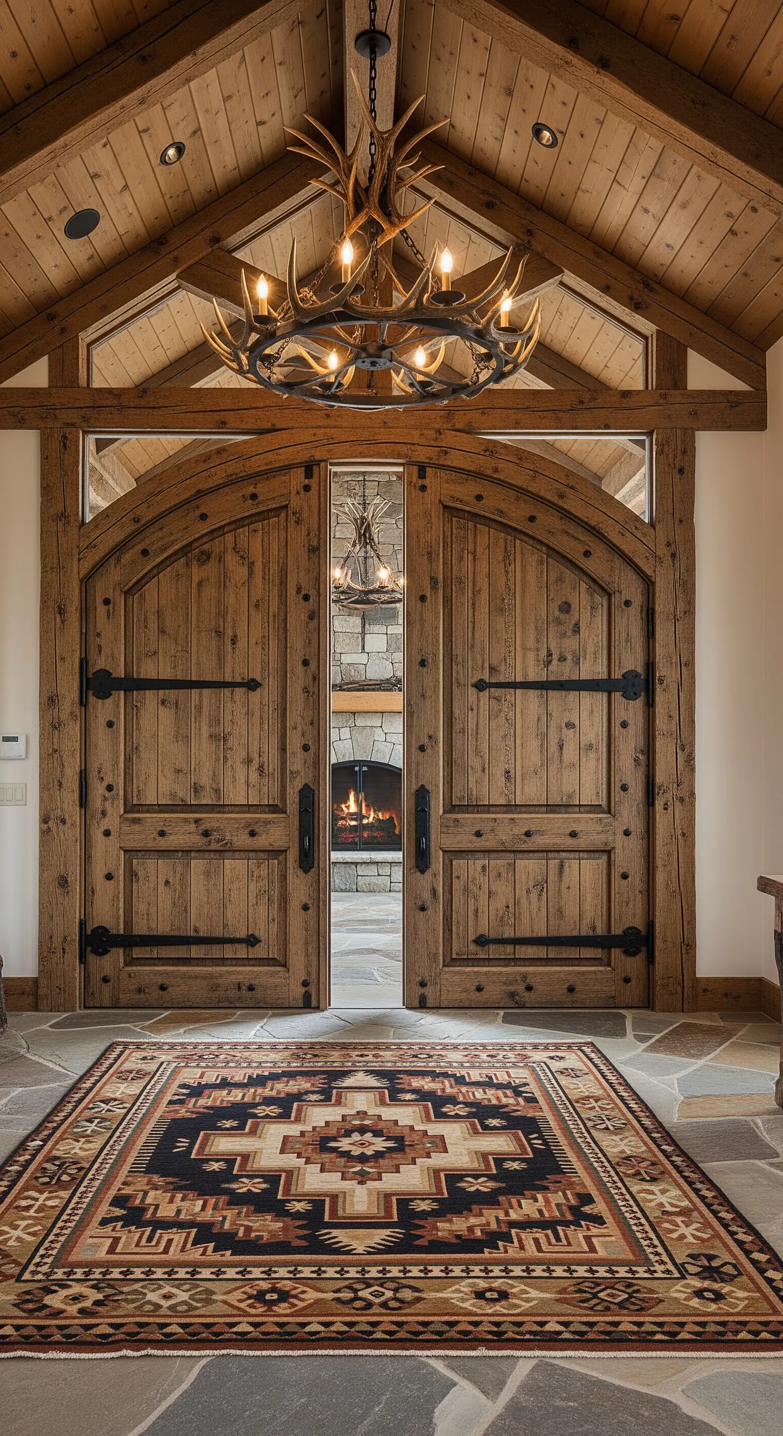 Ingresso di uno chalet con porte in legno grezzo e lampadario fatto di corna.