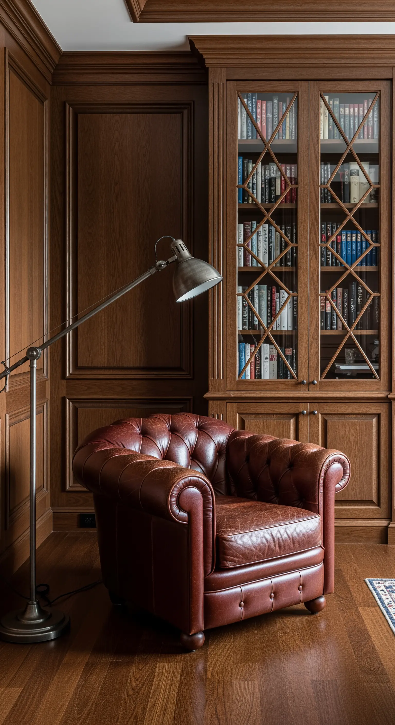 Poltrona Chesterfield in pelle in uno studio con boiserie e lampada da terra industriale.