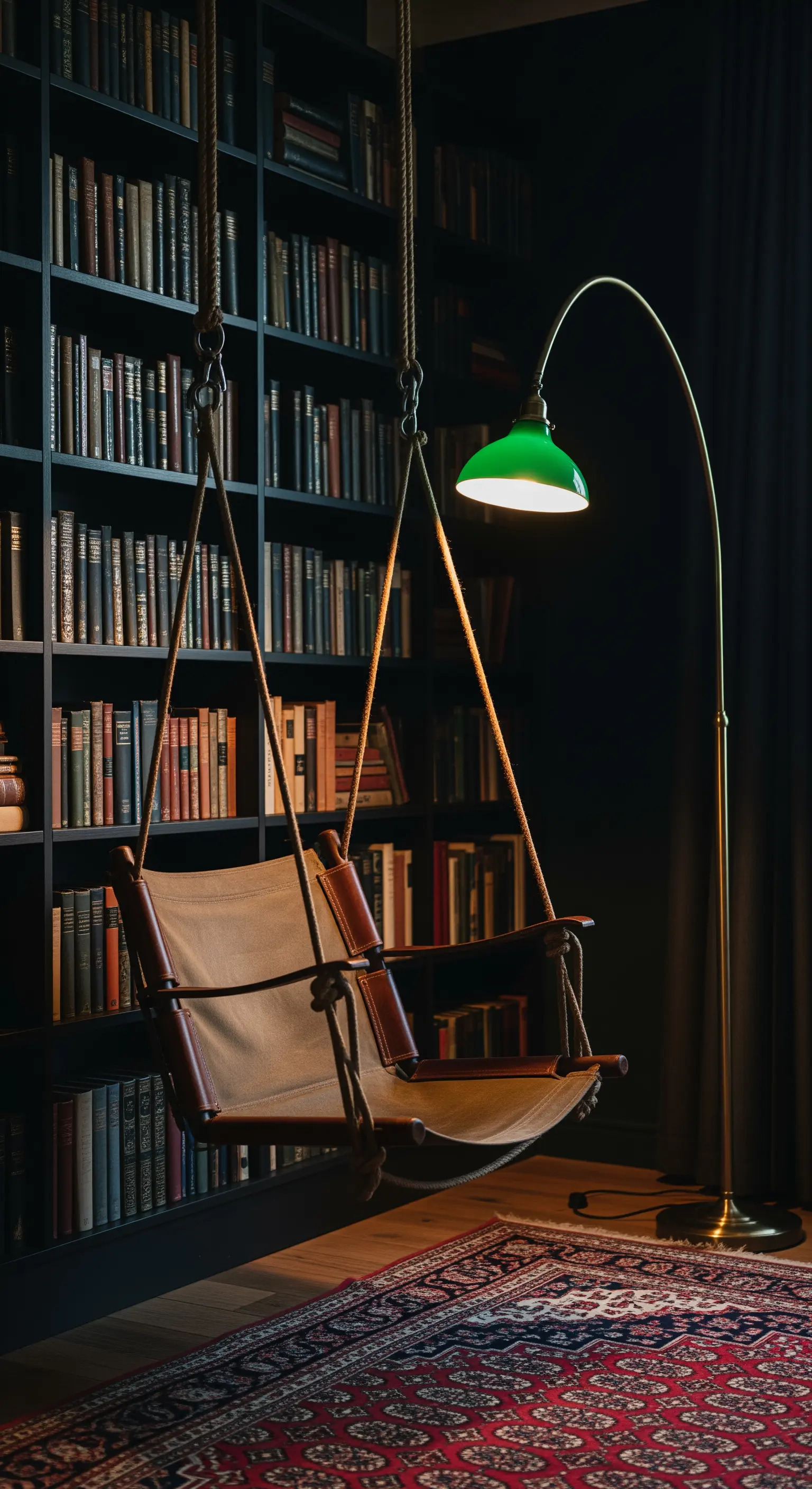 Seduta sospesa in tela e cuoio in una libreria scura con lampada da lettura.