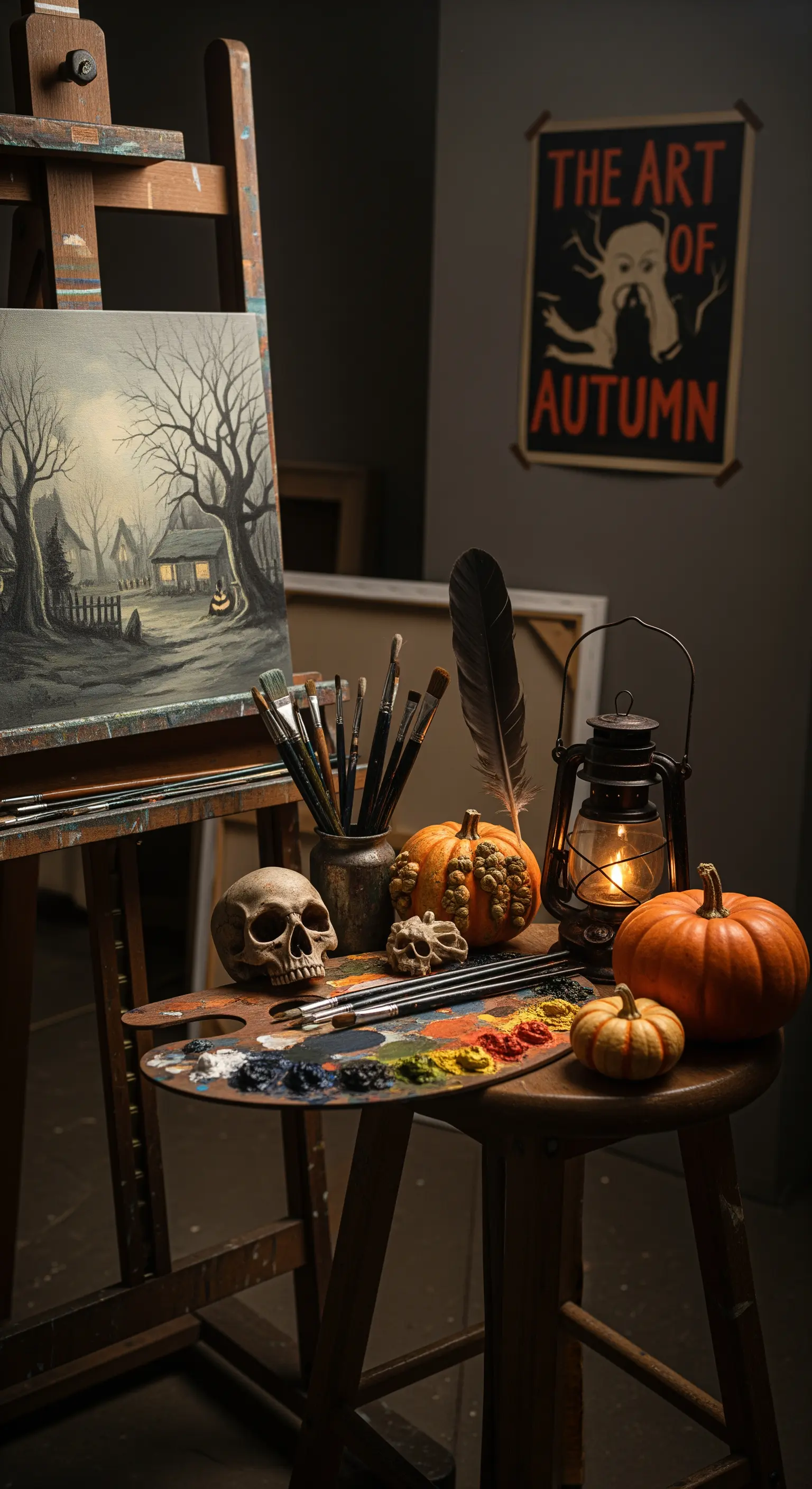Angolo studio d'artista con cavalletto, un quadro spettrale, un teschio, tavolozza e una lanterna.