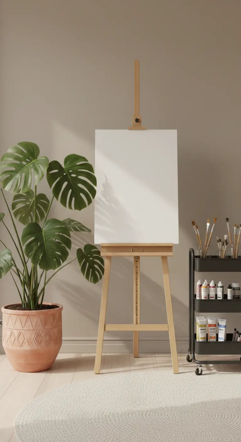 Studio d'artista minimalista con cavalletto, tela bianca, pianta di Monstera e carrello per colori.